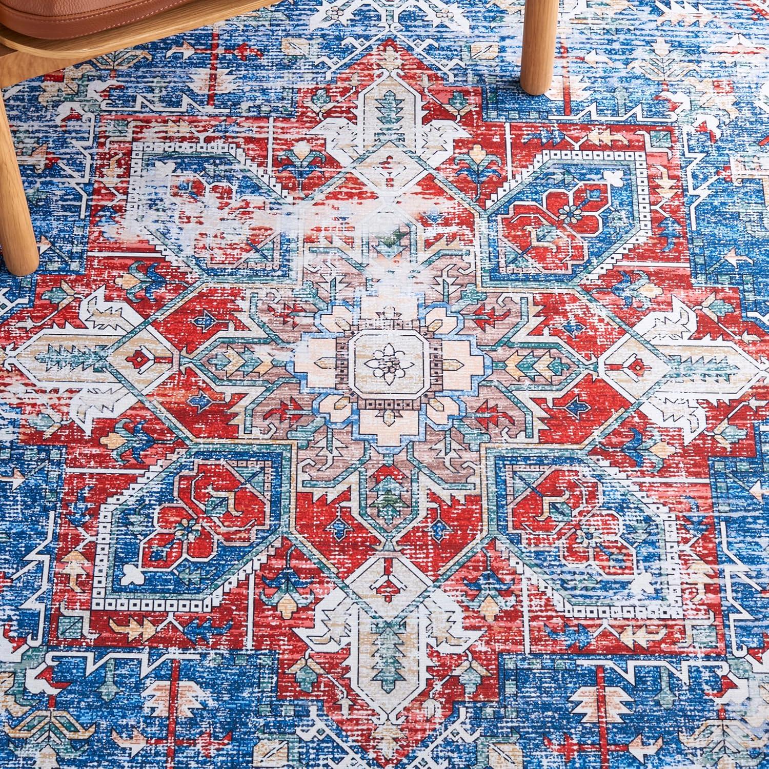 Tucson TSN102 Power Loomed Machine Washable Area Rug - Blue/Red - 5'x5' - Safavieh.