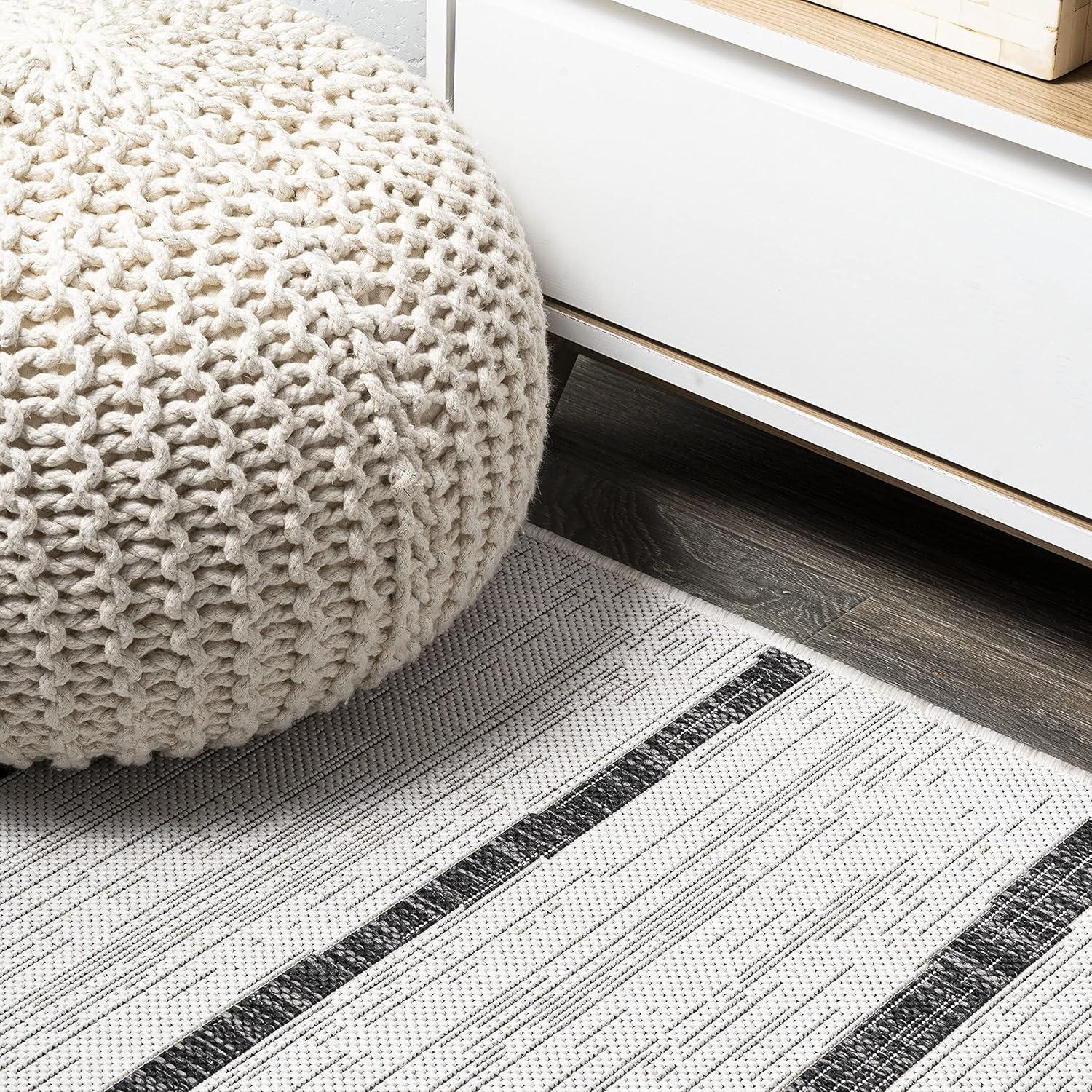 Modern Berber-Inspired Ivory/Black Stripe Synthetic Runner Rug 2x8