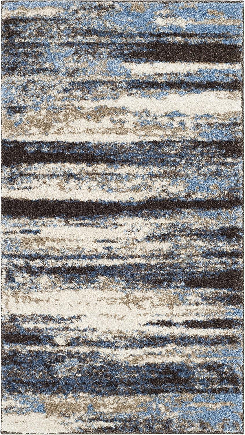 Luxurious Cream & Blue Abstract Synthetic Shag Rug - 2'6" x 4'