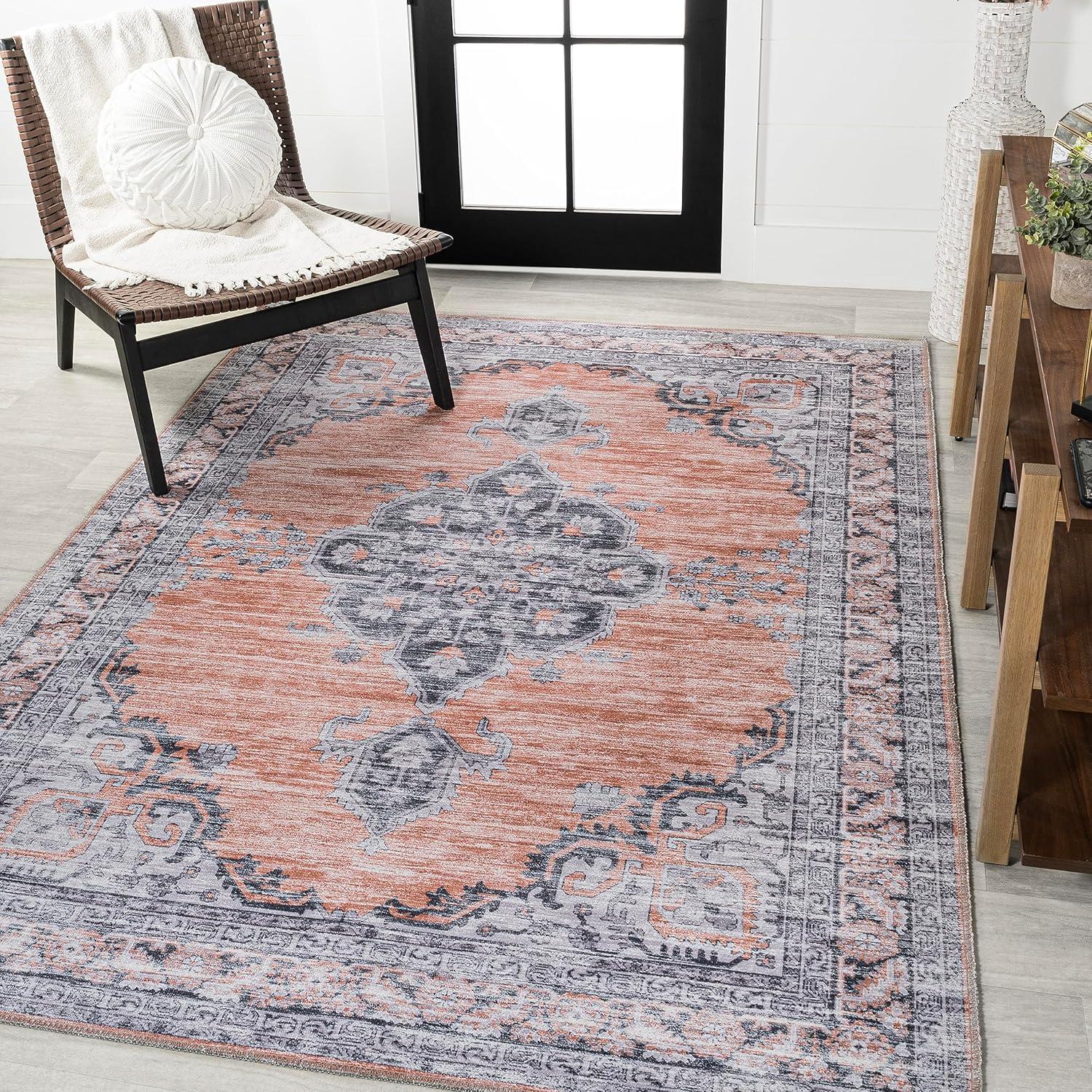 Wincer Chenille Cottage Medallion Machine-Washable Orange/Gray 8 ft. x 10 ft. Area Rug - JONATHAN Y