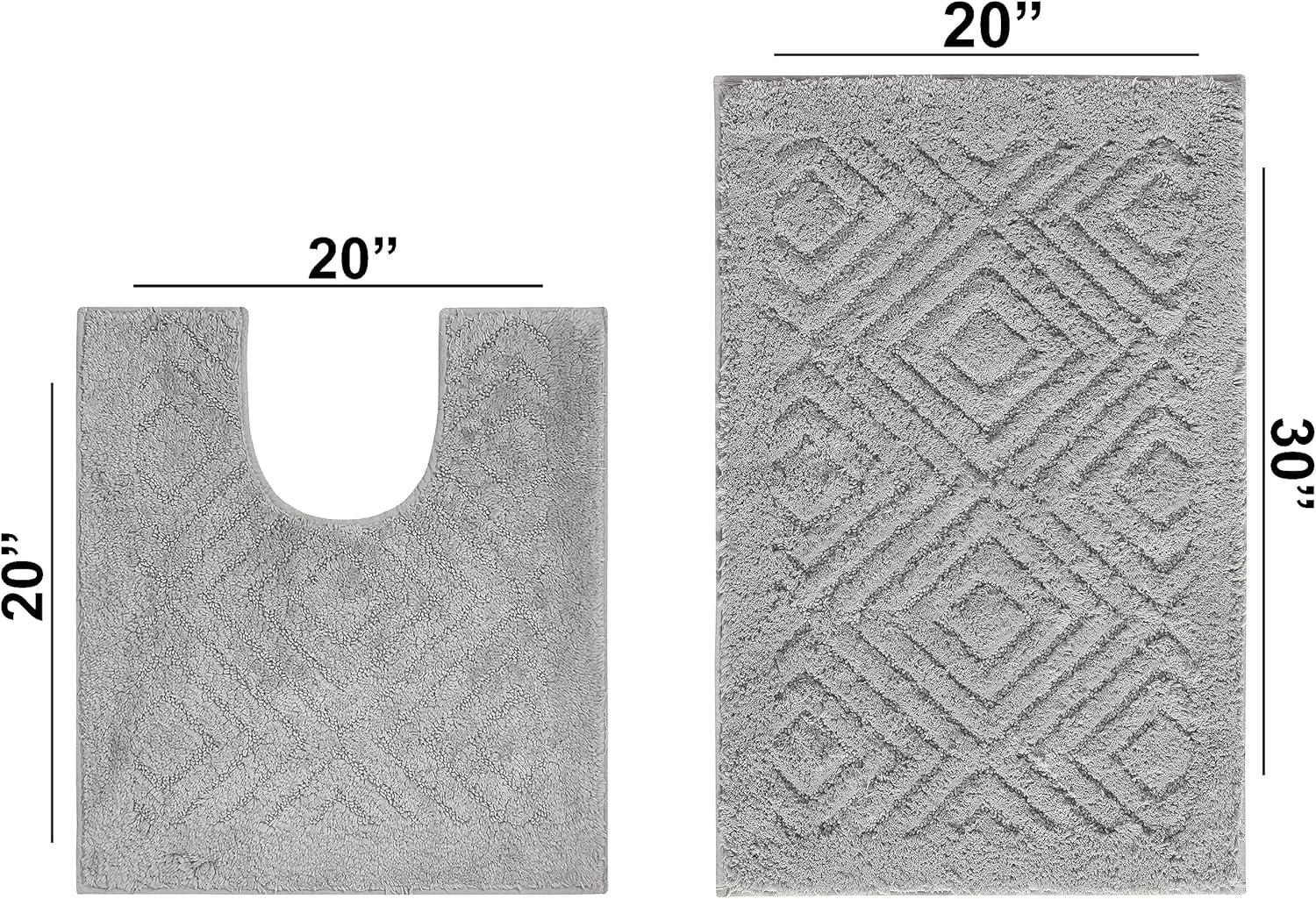 Better Trends 2 Piece Bathroom Rug Set 100% Cotton Non-Slip Washable Bath Mat, Soft & Absorbent Bath Rugs for Bath Room, Shower, Bathtub & Spa Floors Silver Trier Collection