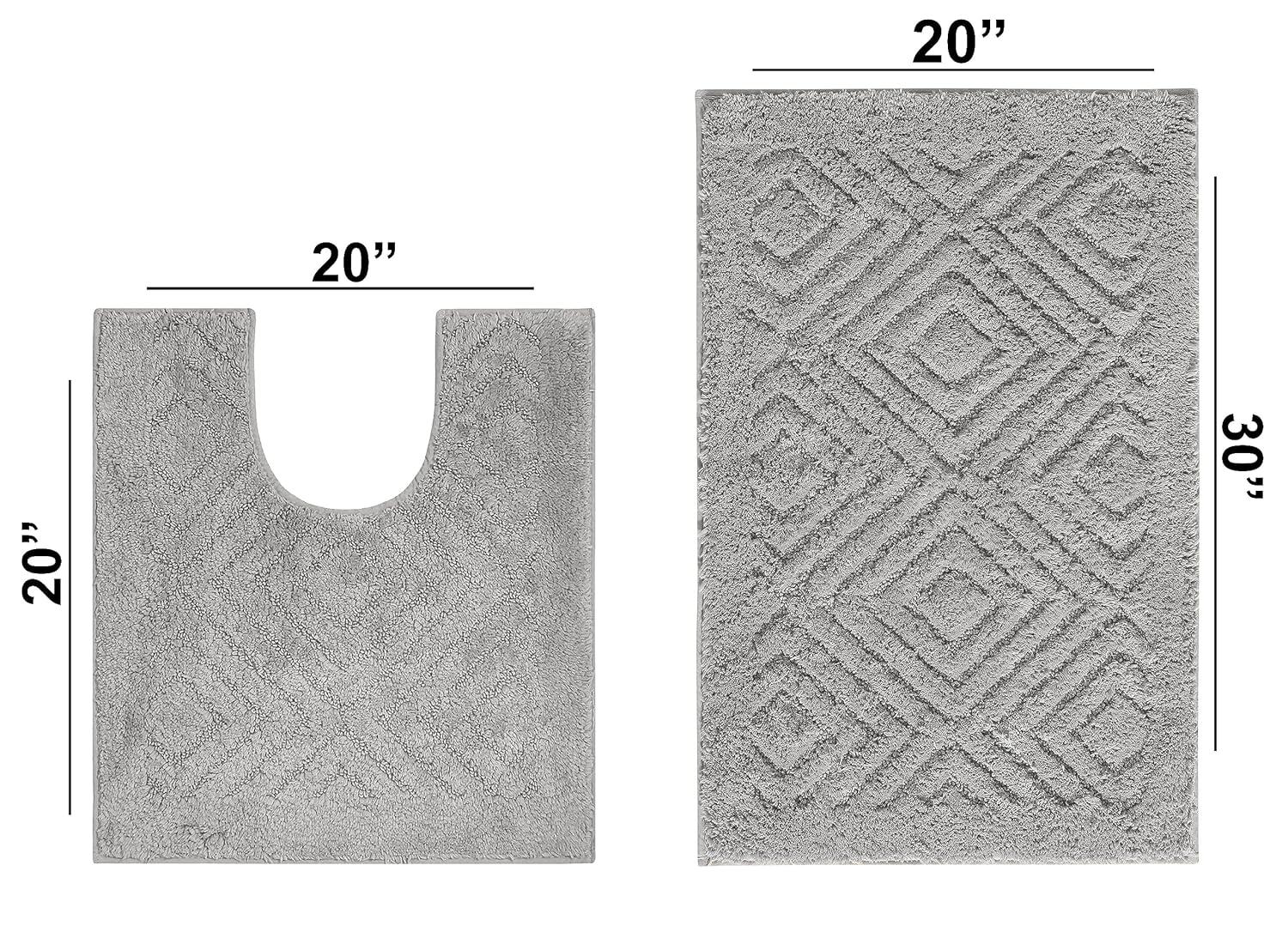 Silver Diamond Pattern Cotton Non-Slip Washable Bath Mat Set