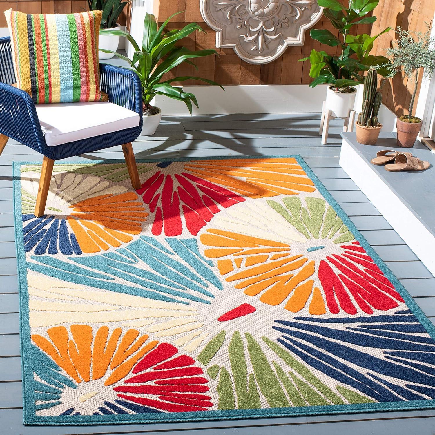Cabana CBN356 Power Loomed Indoor and Outdoor Area Rug - Ivory/Blue - 6'7"x6'7" - Safavieh.