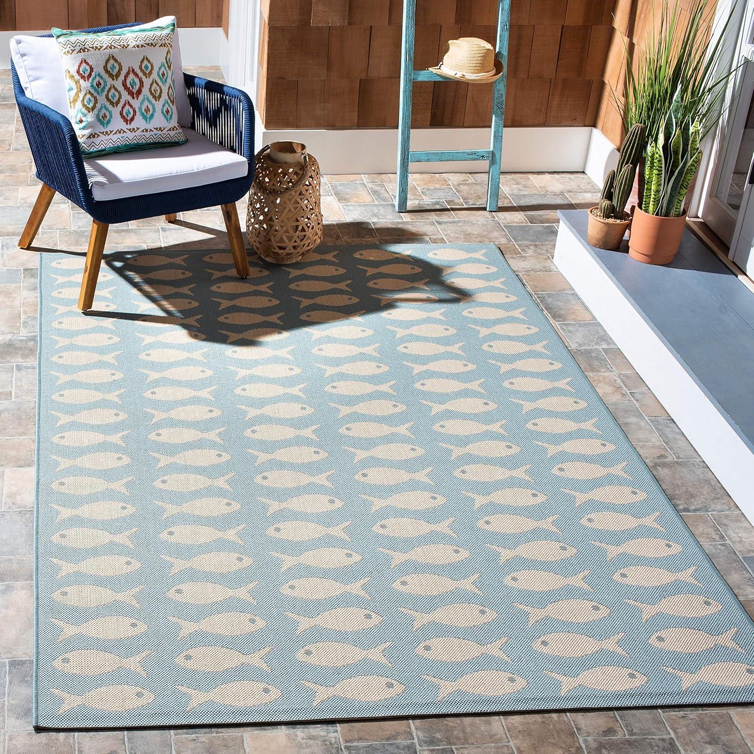 SAFAVIEH Courtyard Tranter Geometric Fish Indoor/Outdoor Area Rug, 5'3" x 7'7", Navy/Beige