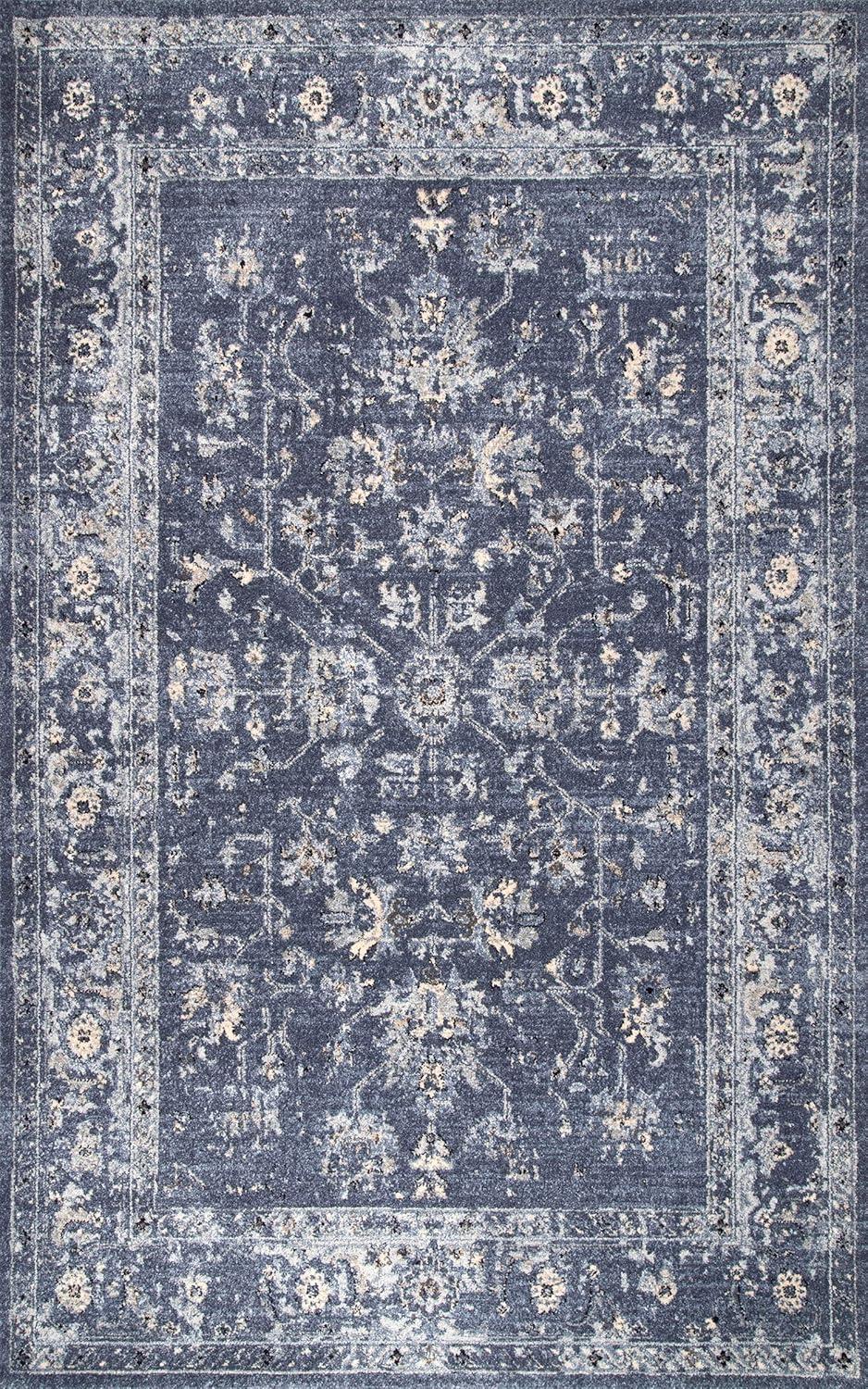 Reversible Floral Blue Synthetic 5' x 8' Easy-Care Area Rug