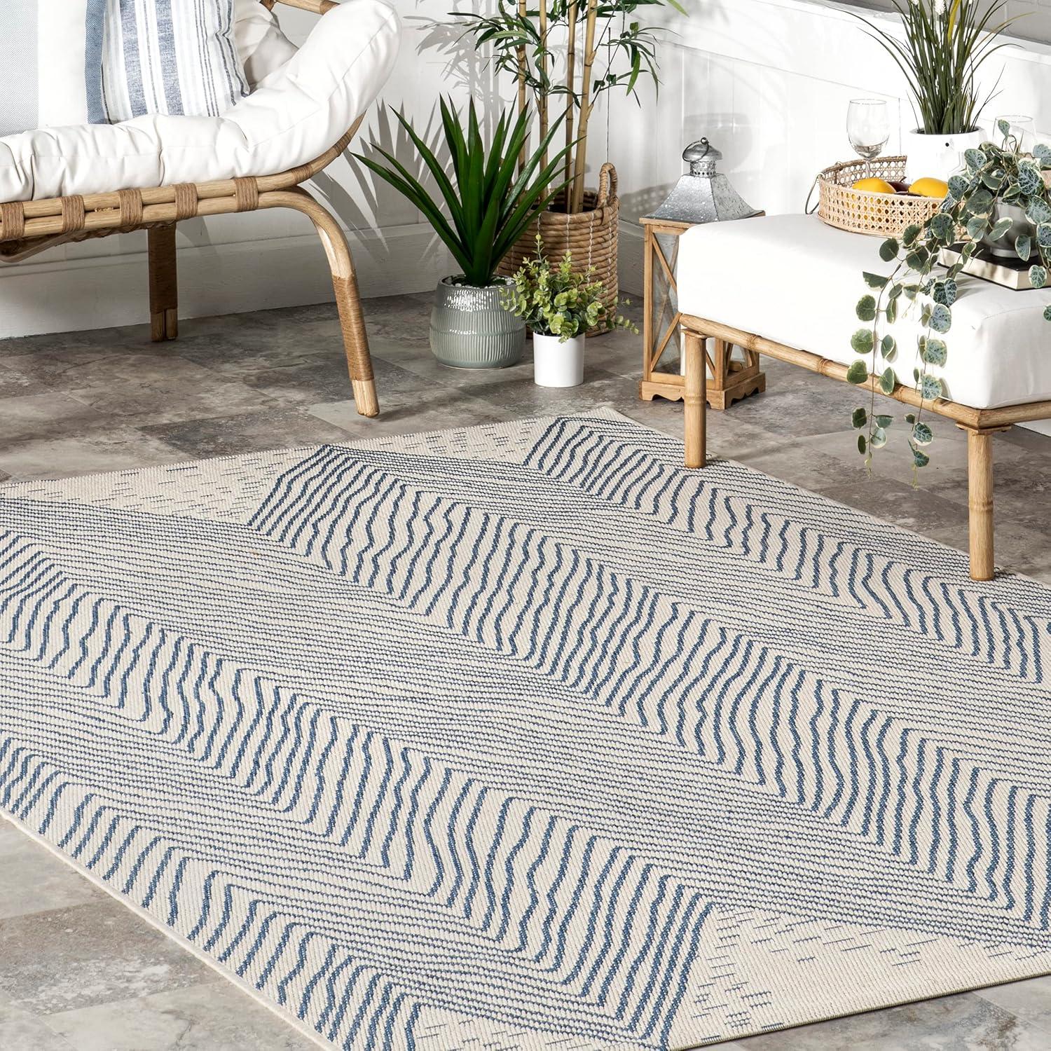 Dunham Abstract Indoor/Outdoor Area Rug for Living Room Patio Deck Front Porch Kitchen, Blue/Ivory