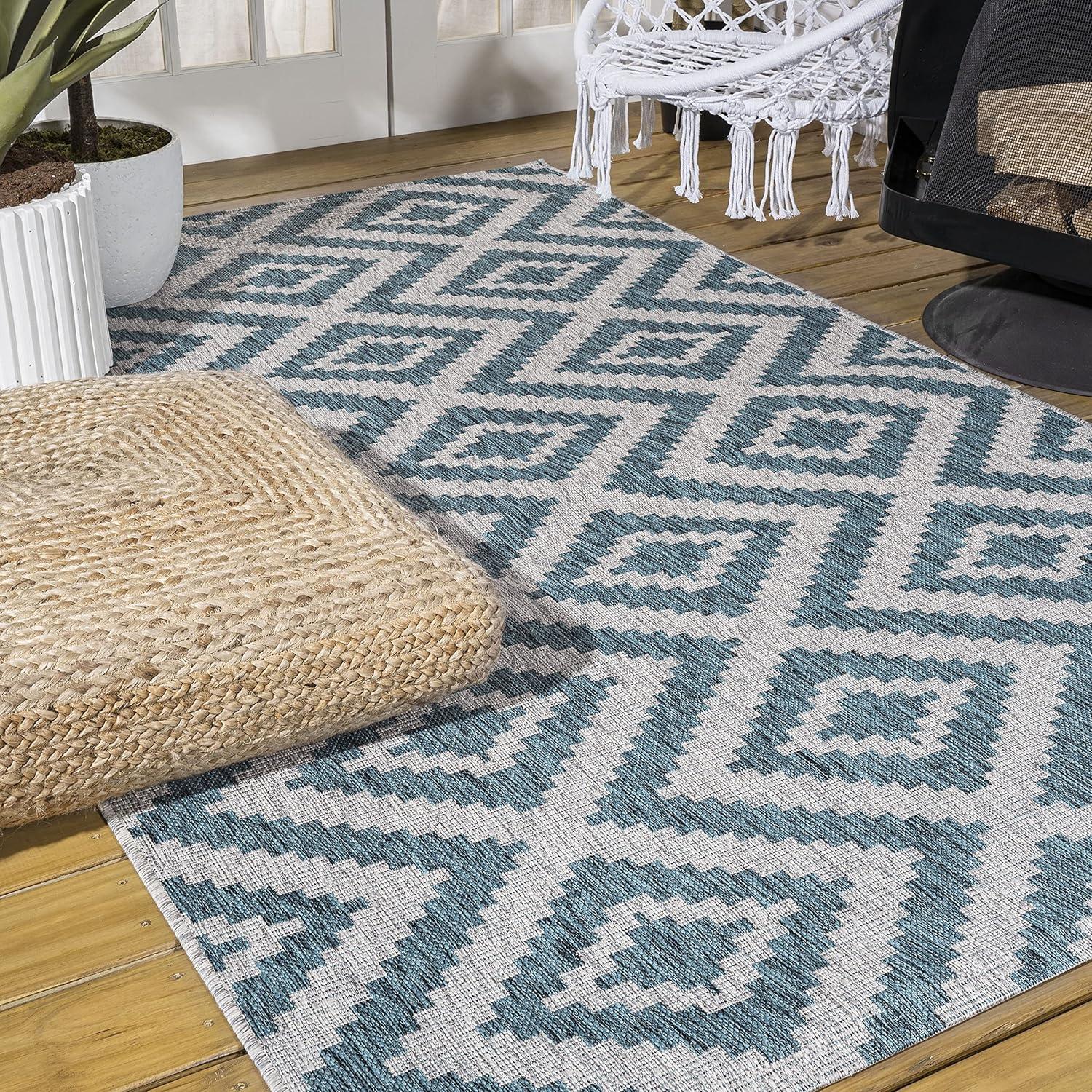 Reversible Sintra Diamond Blue/Gray Geometric Indoor/Outdoor Rug