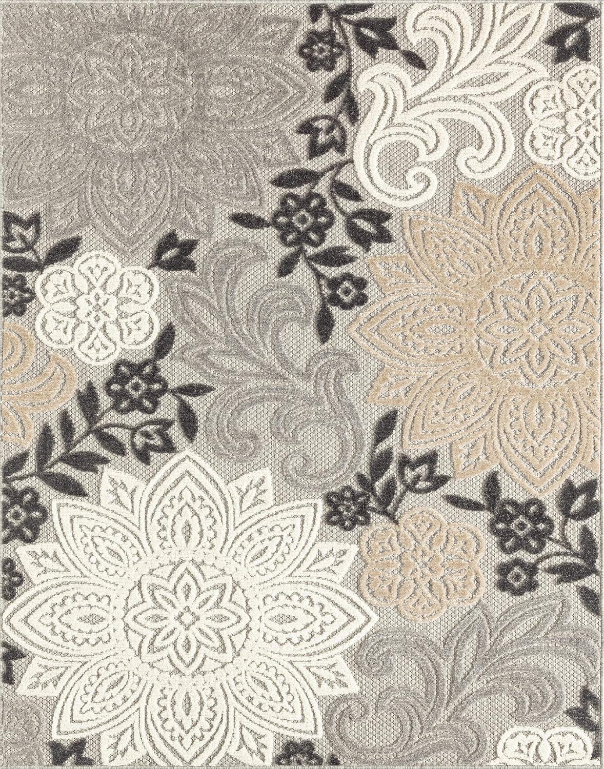 Beige Floral Synthetic 5x7 Indoor Outdoor Rug