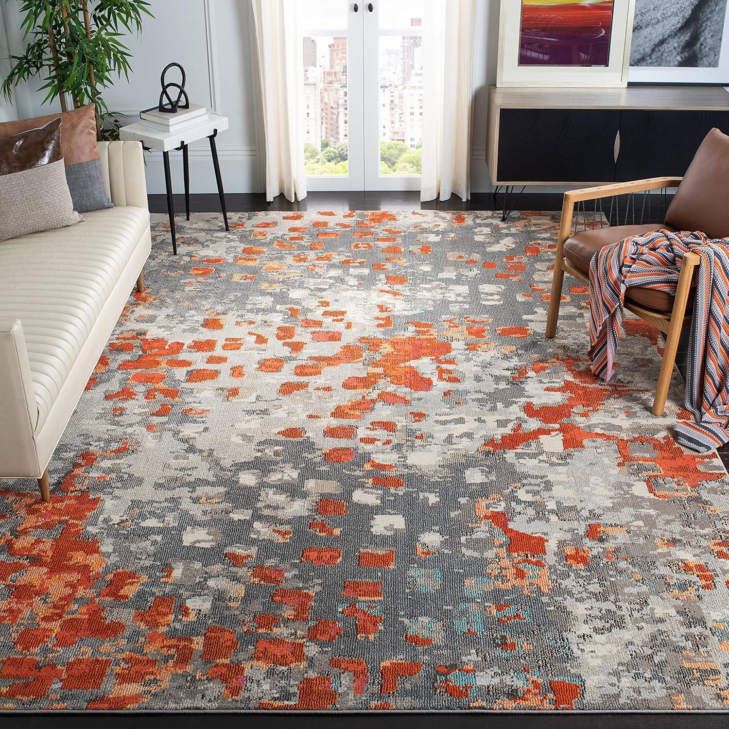 Monaco Abstract Geometric 9' Square Area Rug in Grey & Orange