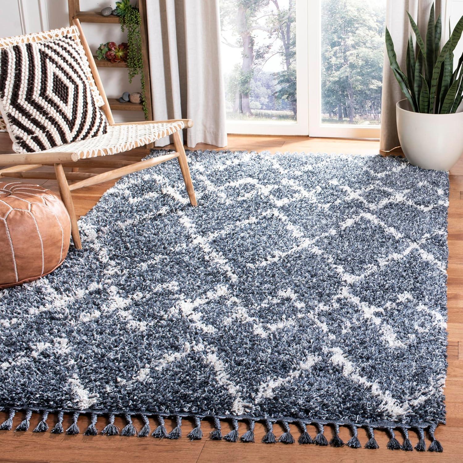 Pro Lux Shag PLX434 Power Loomed Indoor Area Rug - 5'x8' - Blue/Creme - Safavieh