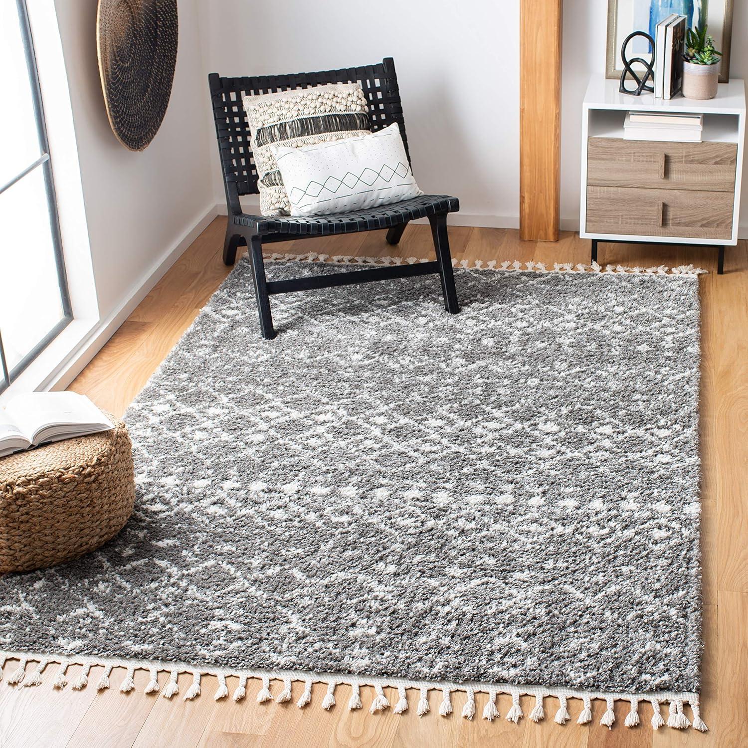 Gray Square Hand-Knotted Shag Area Rug with Fringe Detail