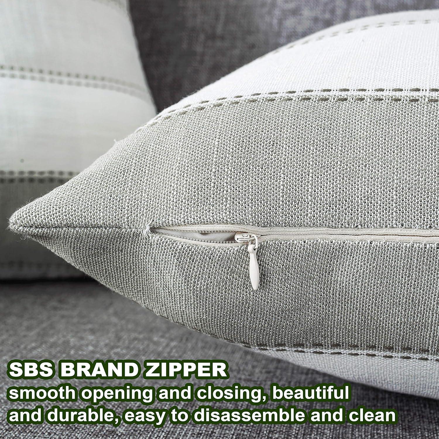 Pack of 2 Farmhouse Stripe Check Throw Pillow Covers Set Case Cotton Linen Decorative Pillowcases Cushion Cover for Couch Bench Sofa 18x18Inch Dark Grey Beige