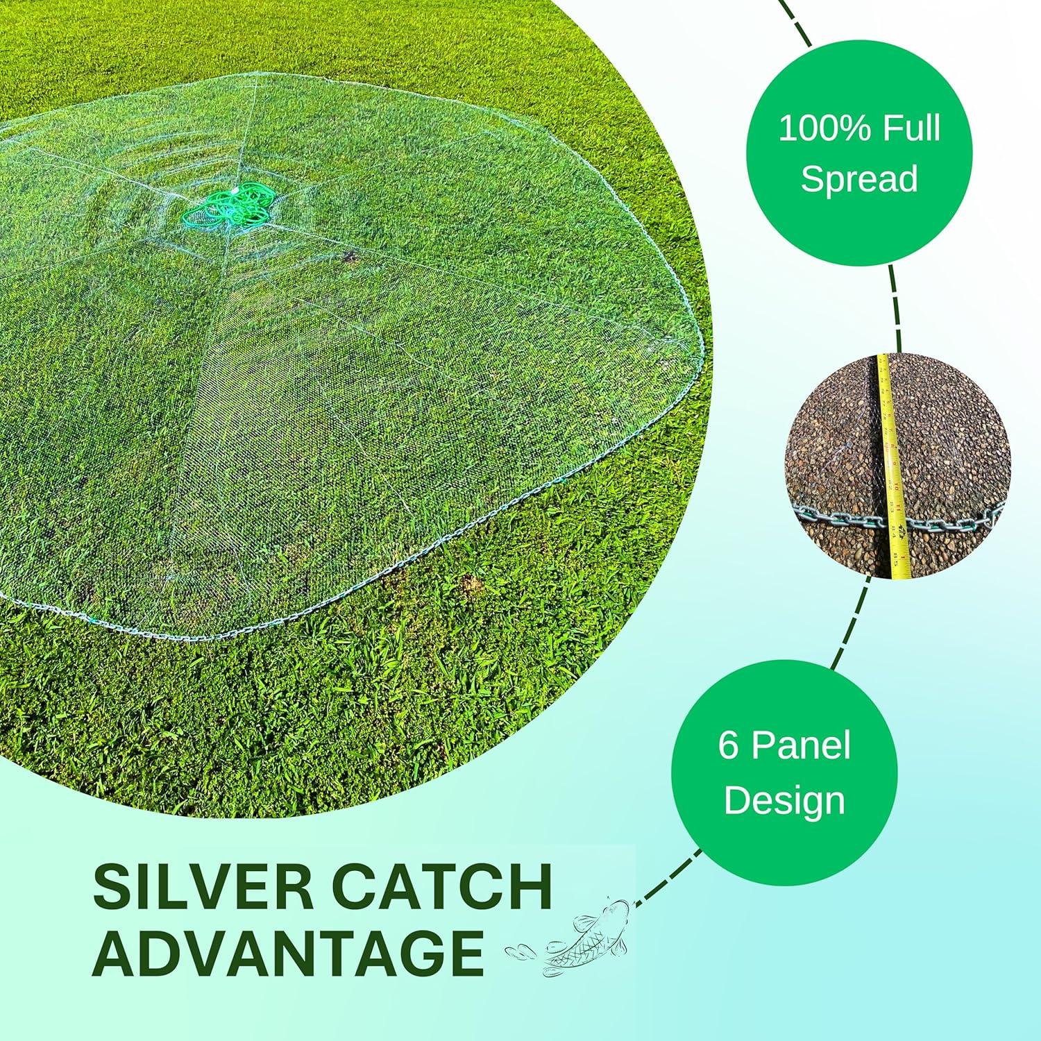 Silver Catch 8' Radius Cast Net Featuring 3/8" Mesh, True Six-Panel Design for Effective Smaller Bait Capture, Durable and Reliable