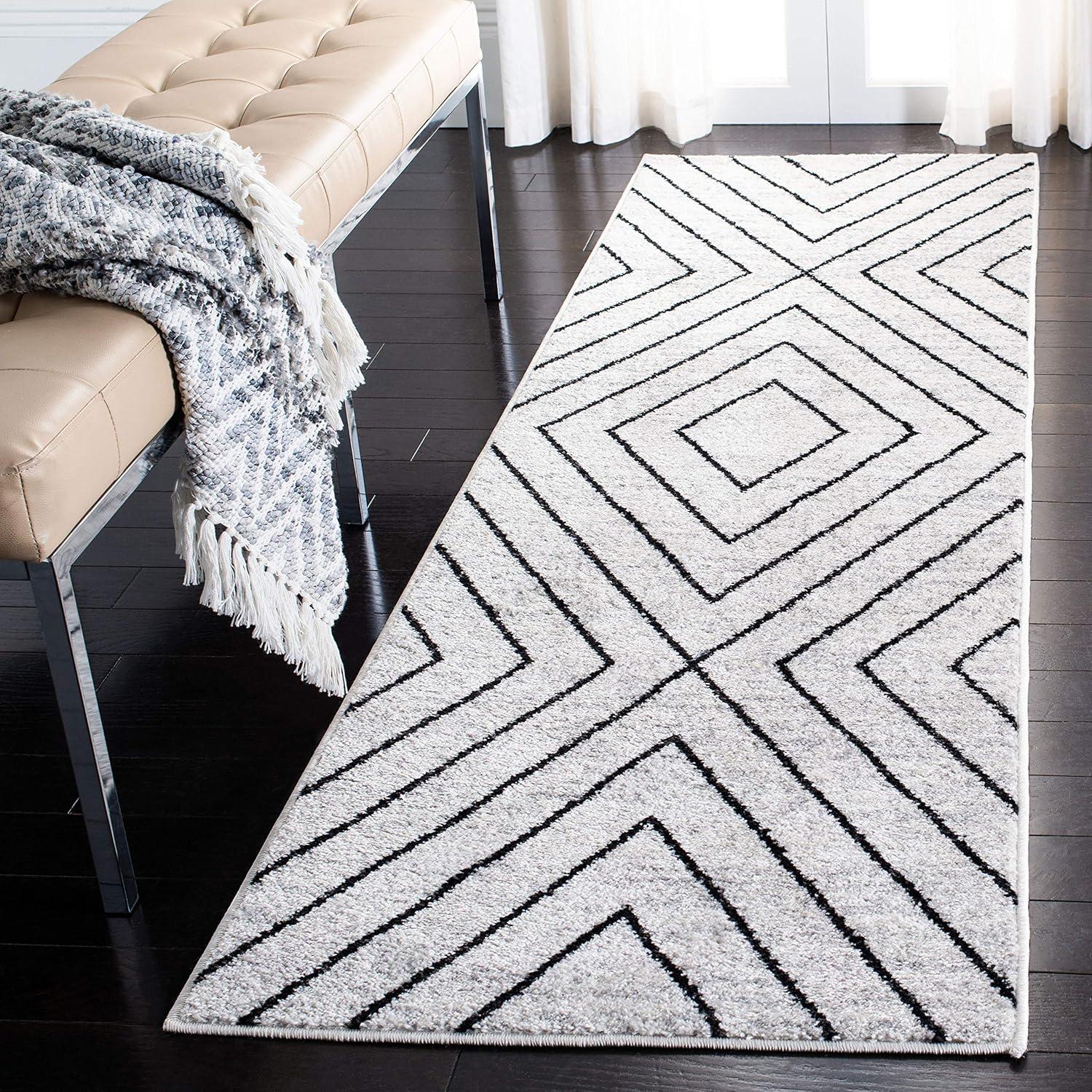 Ivory and Grey Geometric Runner Rug, 2'6" x 6', Synthetic