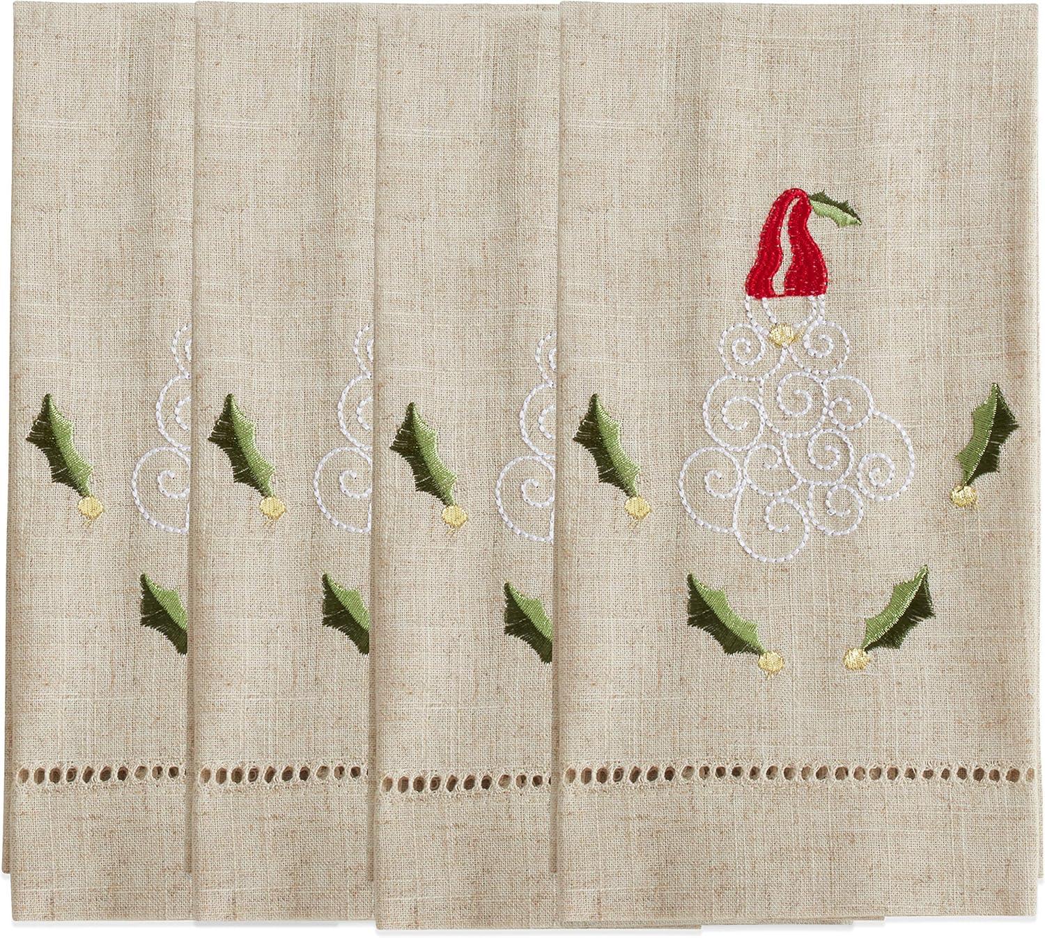 Fennco Styles Embroidered and Hemstitched Design Santa Linen-Poly Guest Towels 14 x 22 Inch, Set of 4