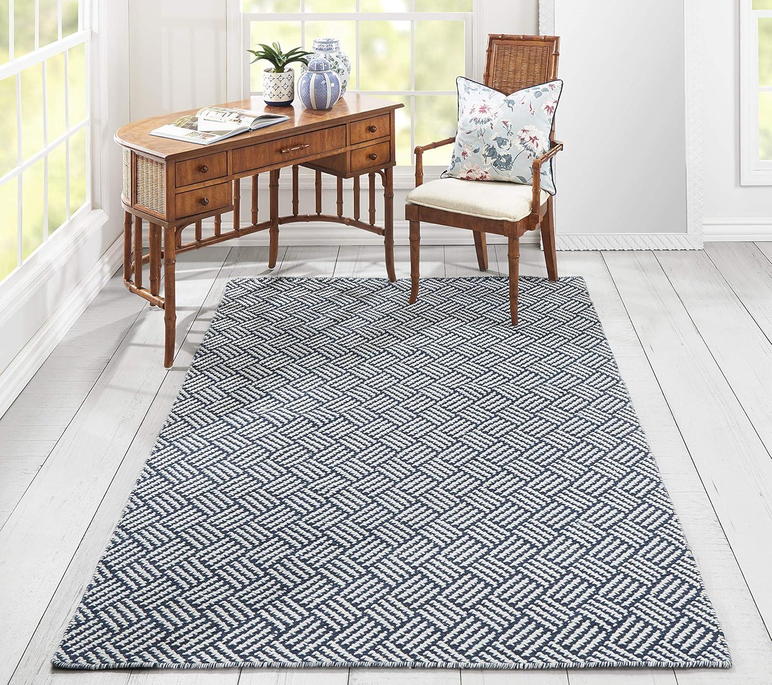 Navy Blue Hand-Knotted Synthetic Stripe 5' x 7' Rug