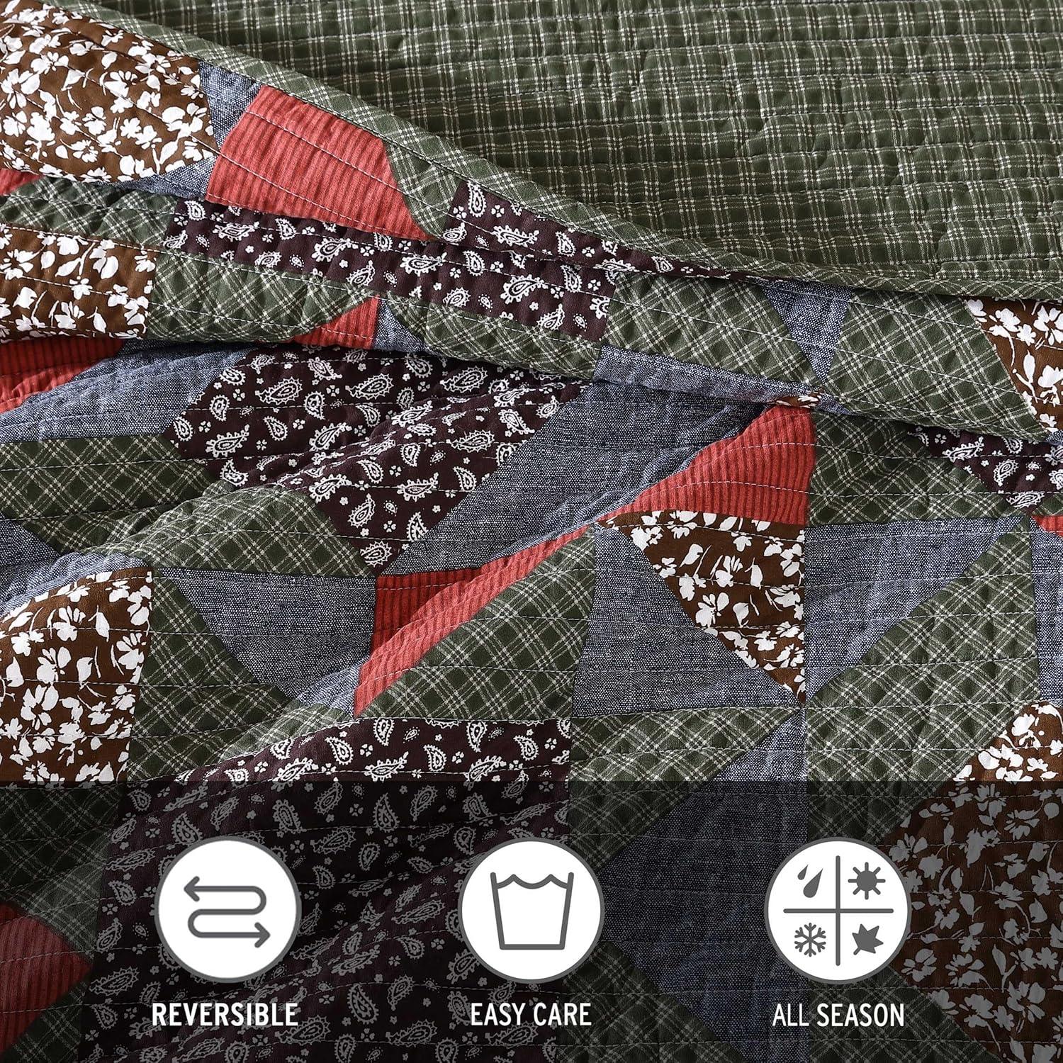 Eddie Bauer Block Patchwork Cotton Reversible Green Quilt Set