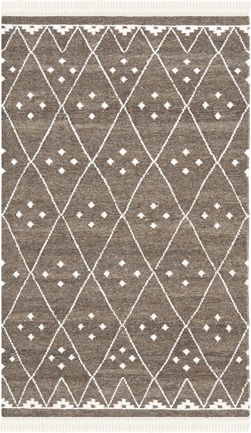 Ivory and Brown Hand-Woven Wool Kilim Rug 4' x 6'