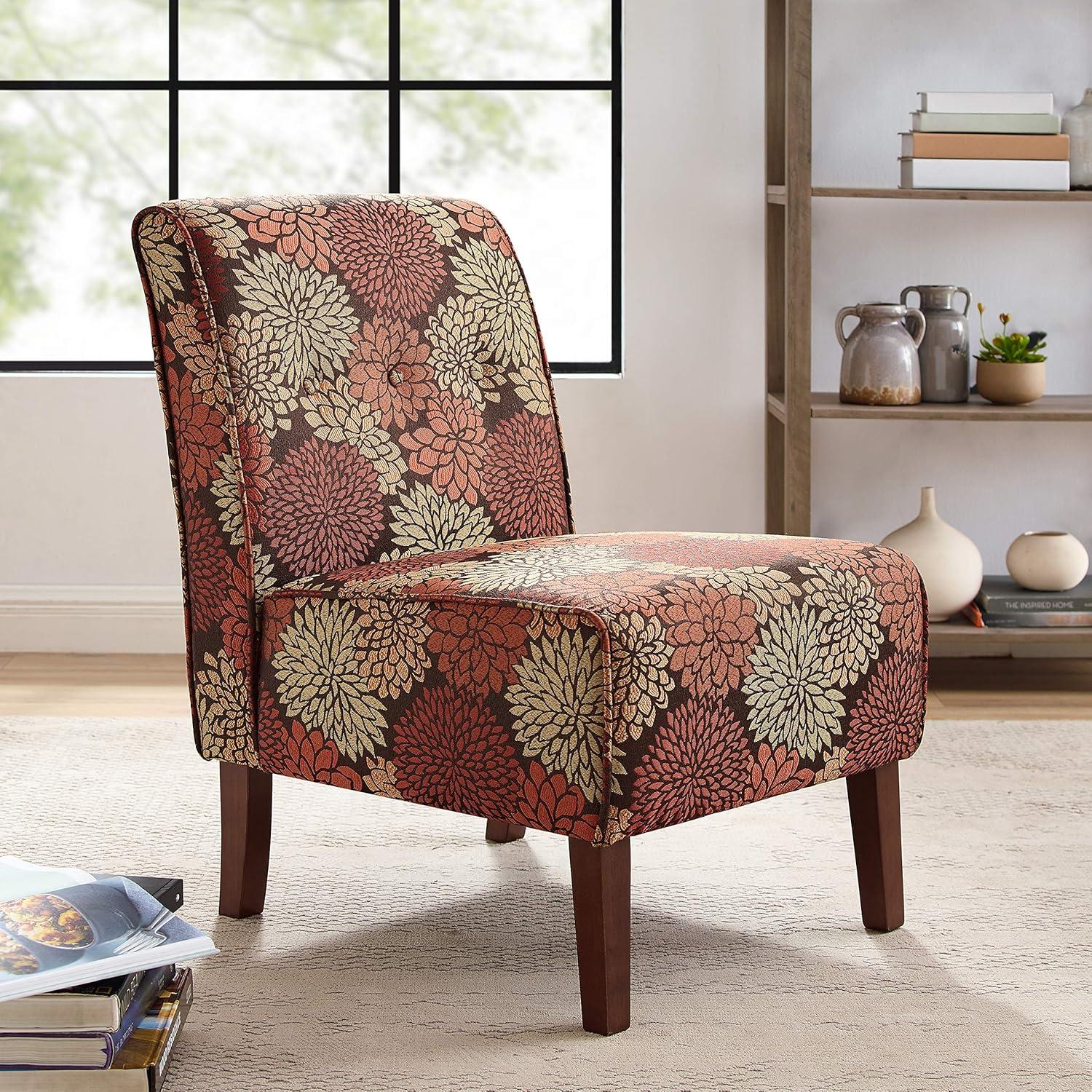 Linon Coco Harvest Upholstered Tufted Accent Chair in Rust/Orange Floral Fabric