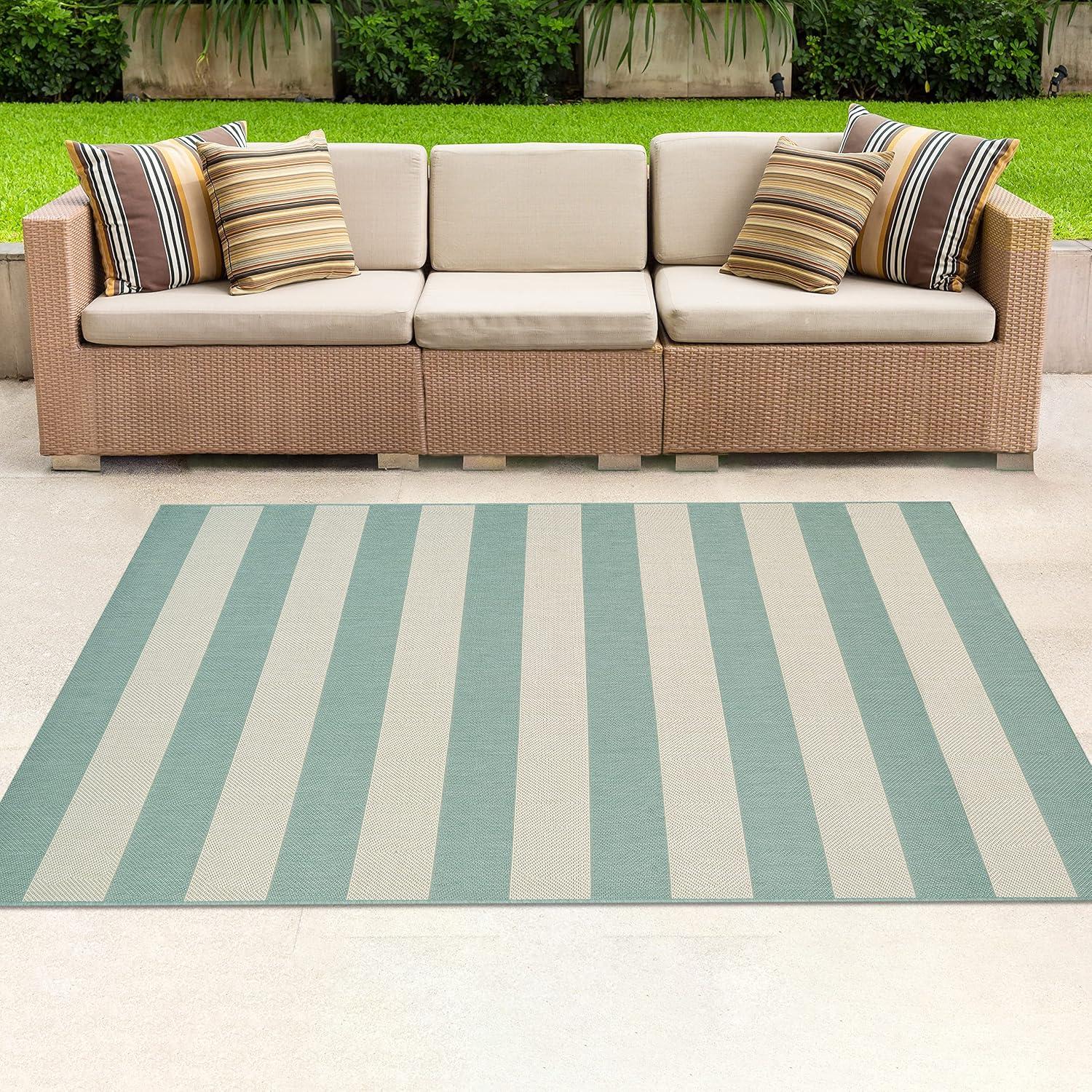 Couristan Afuera Yacht Club 5'3" x 7'6" Sea Mist Green and Ivory Stripe Outdoor Rectangle Rug