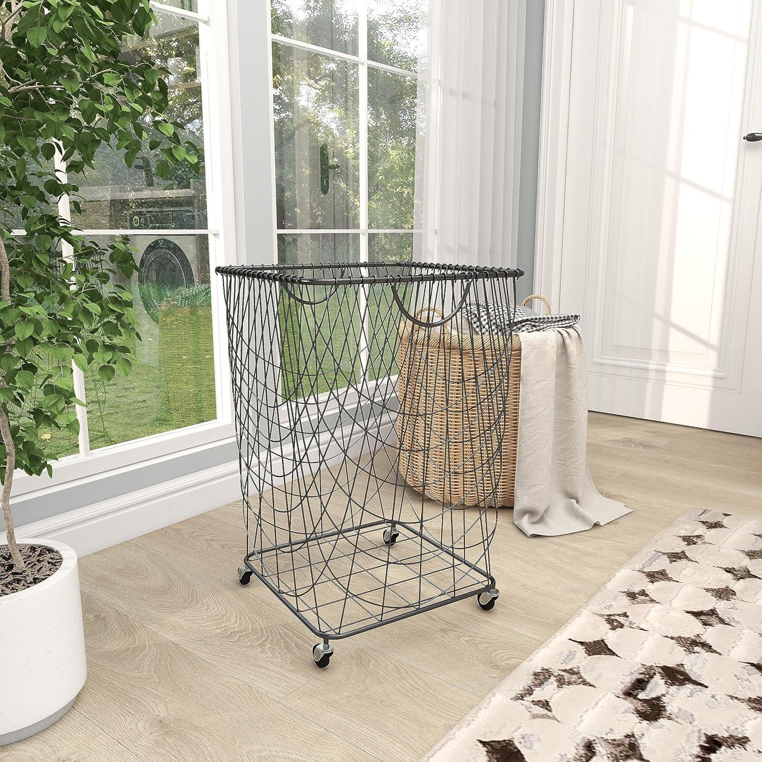 Metal Deep Set Metal Mesh Laundry Basket Storage Cart with Wheels and Handles