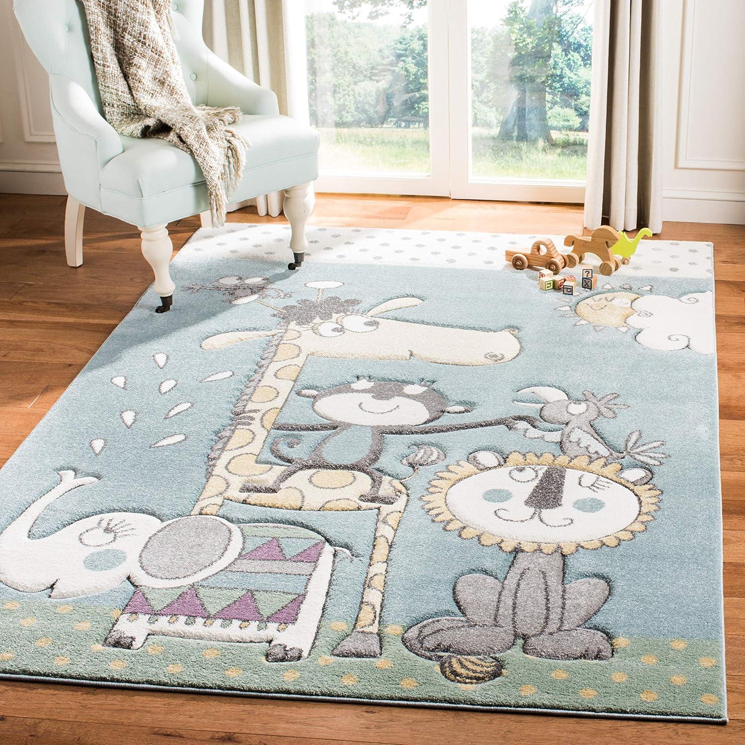 Whimsy Carousel Ivory & Blue 4' x 6' Synthetic Kids' Area Rug