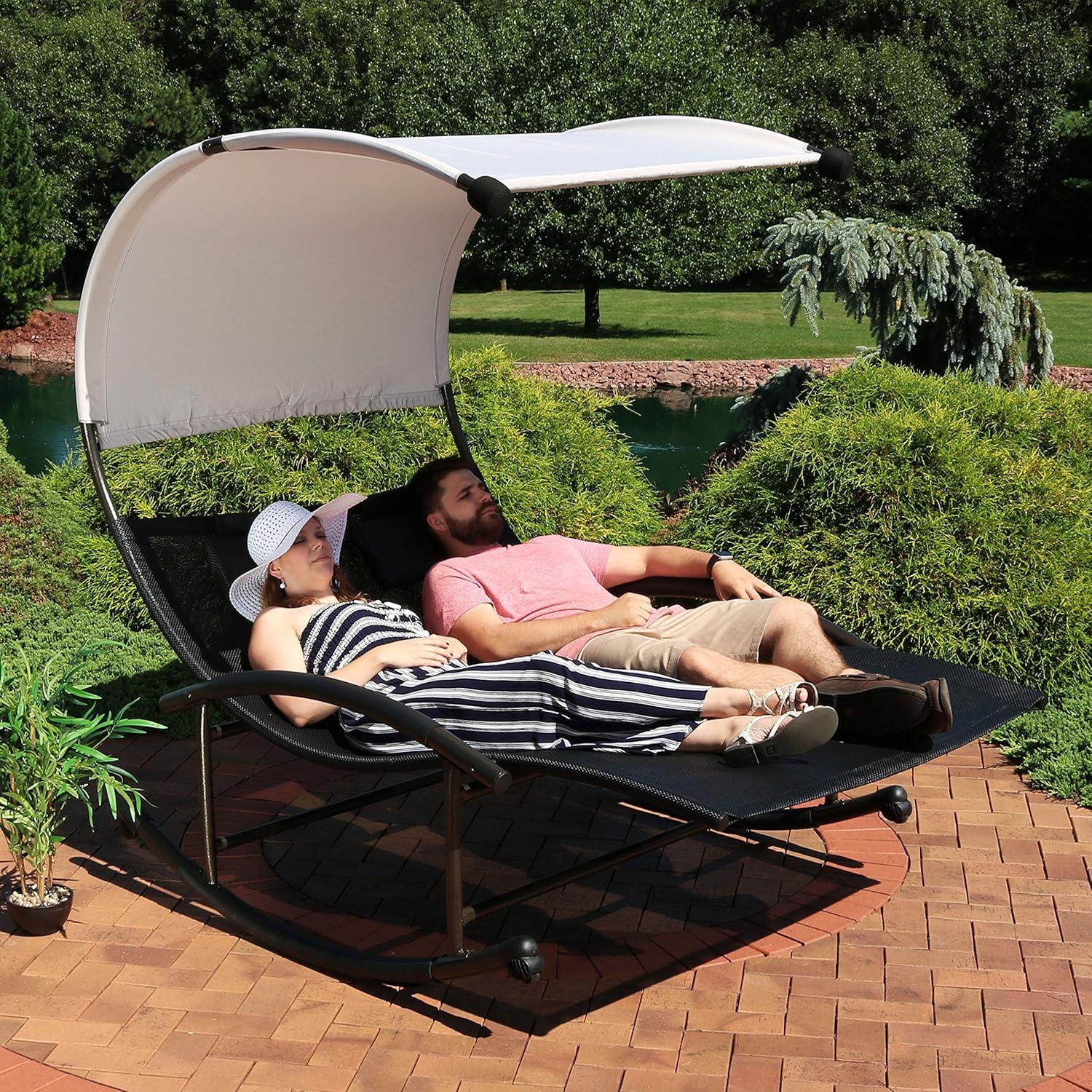 Sunnydaze Outdoor Double Chaise Lounge Bed with Canopy Shade and Headrest Pillows, Black