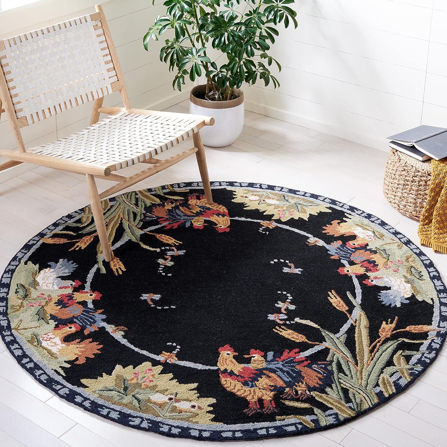 SAFAVIEH Chelsea Lanford Rooster Wool Area Rug, Black, 3' x 3' Round