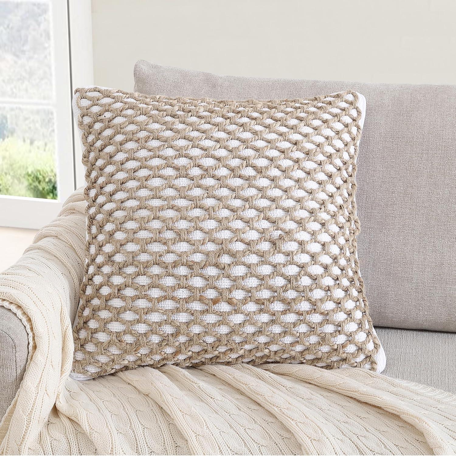 Jada Chic White Cotton & Jute 20" Decorative Pillow