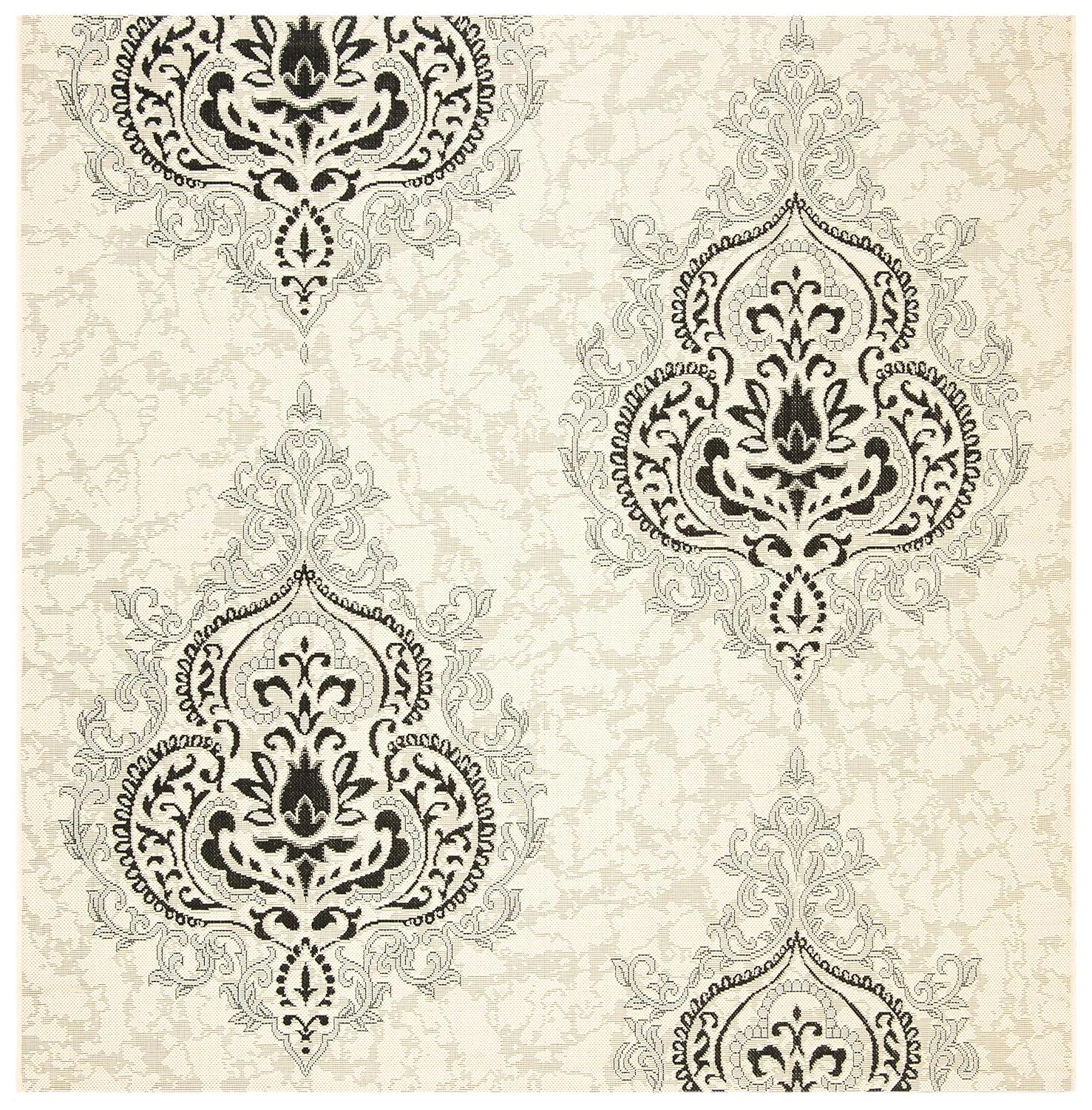 SAFAVIEH Courtyard Penelope Damask Indoor/Outdoor Area Rug, Cream/Black, 6'7" Square