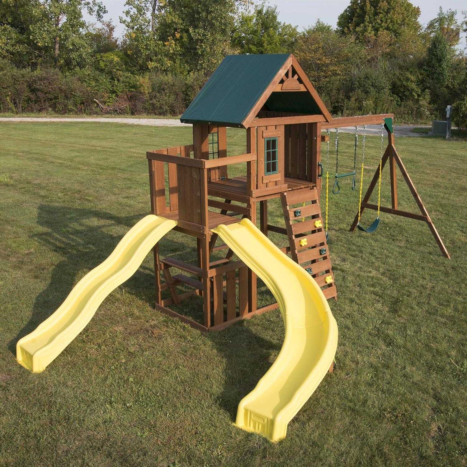 Castlebrook Wooden Swing Set with Yellow Slides and Climbing Wall