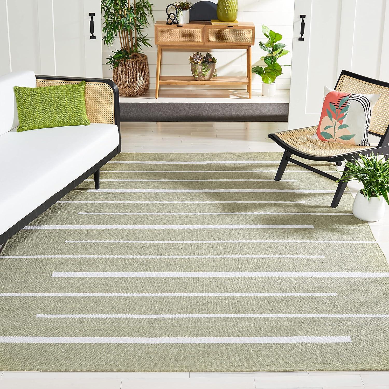 SAFAVIEH Montauk Oswald Geometric Striped Cotton Area Rug, Ivory/Light Green, 6' x 6' Square