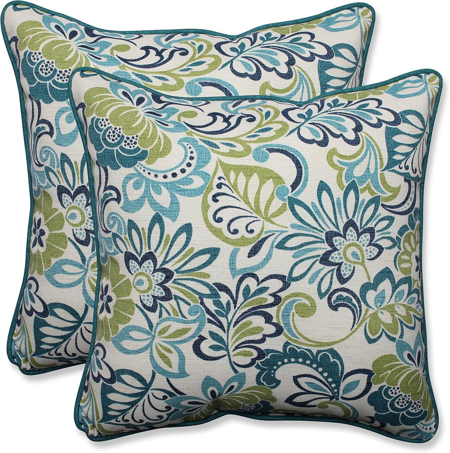 Zoe Blue and Green Floral Embroidered Outdoor Throw Pillows Set