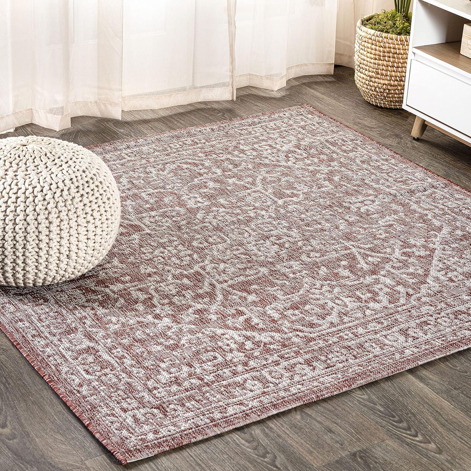 5' Square Malta Bohemian Medallion Textured Weave Indoor/Outdoor Area Rug, Red/Taupe - JONATHAN Y