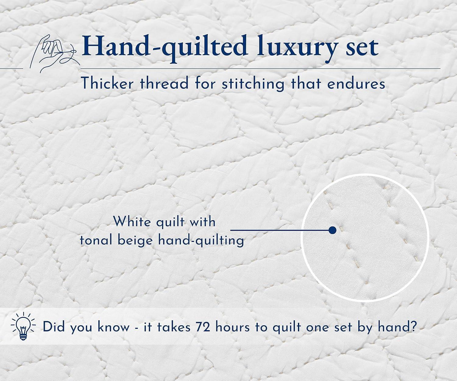 Luxury 100% Cotton Quilt Set, Hand-Quilted, Pre-Softened, Diamond Pattern by California Design Den - White, King