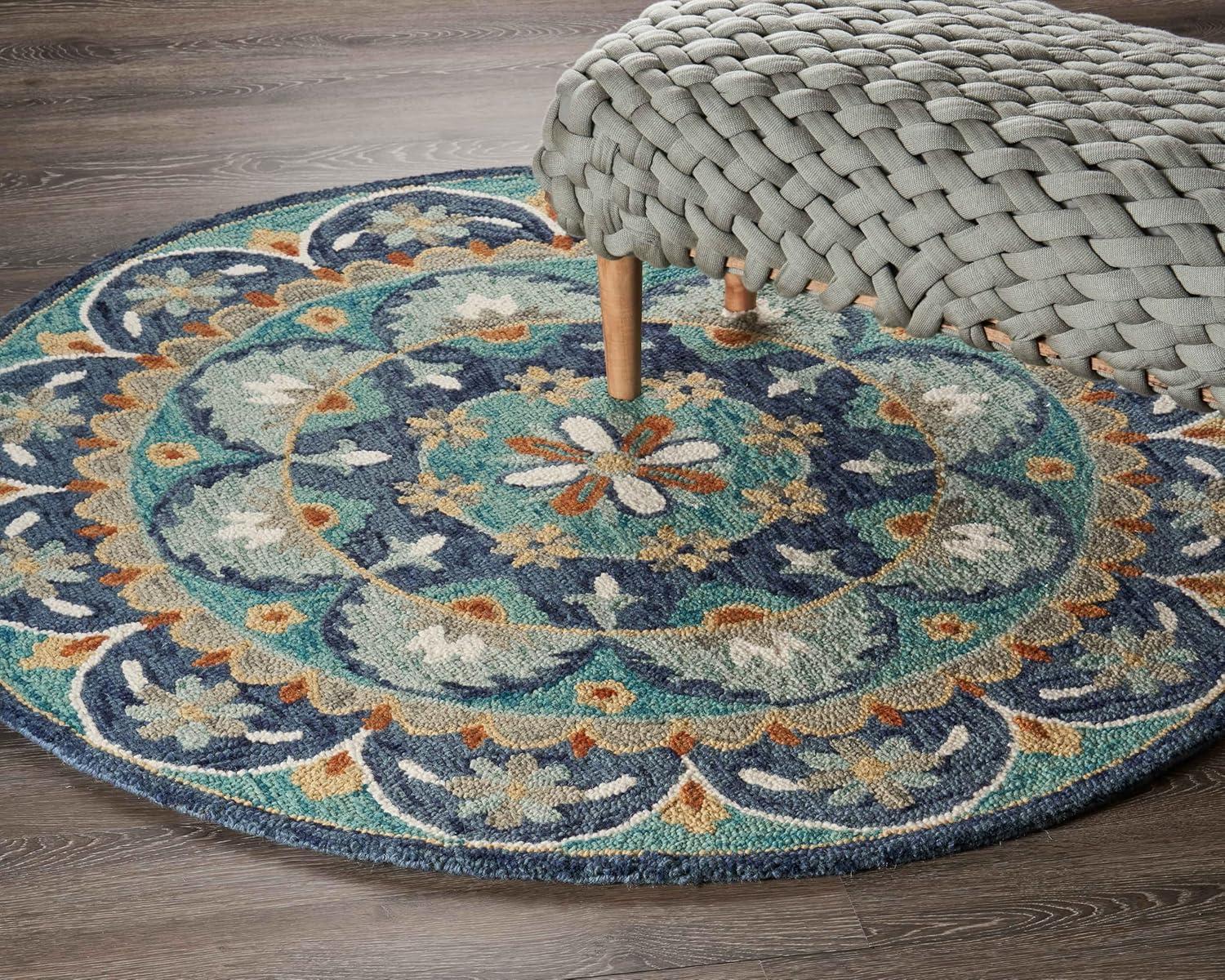 Ox Bay Elle 4' Round Teal/Blue Floral Medallion Indoor Area Rug