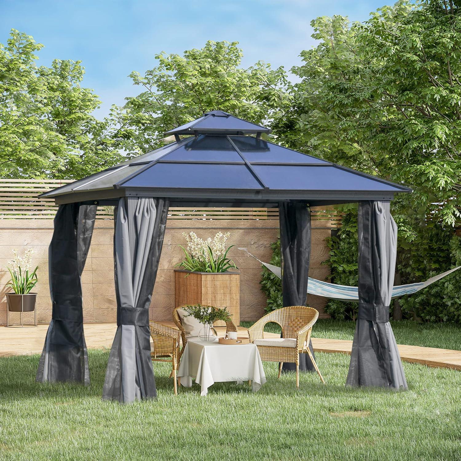 Outsunny Dark Grey Aluminum Hardtop Gazebo with Polycarbonate Roof