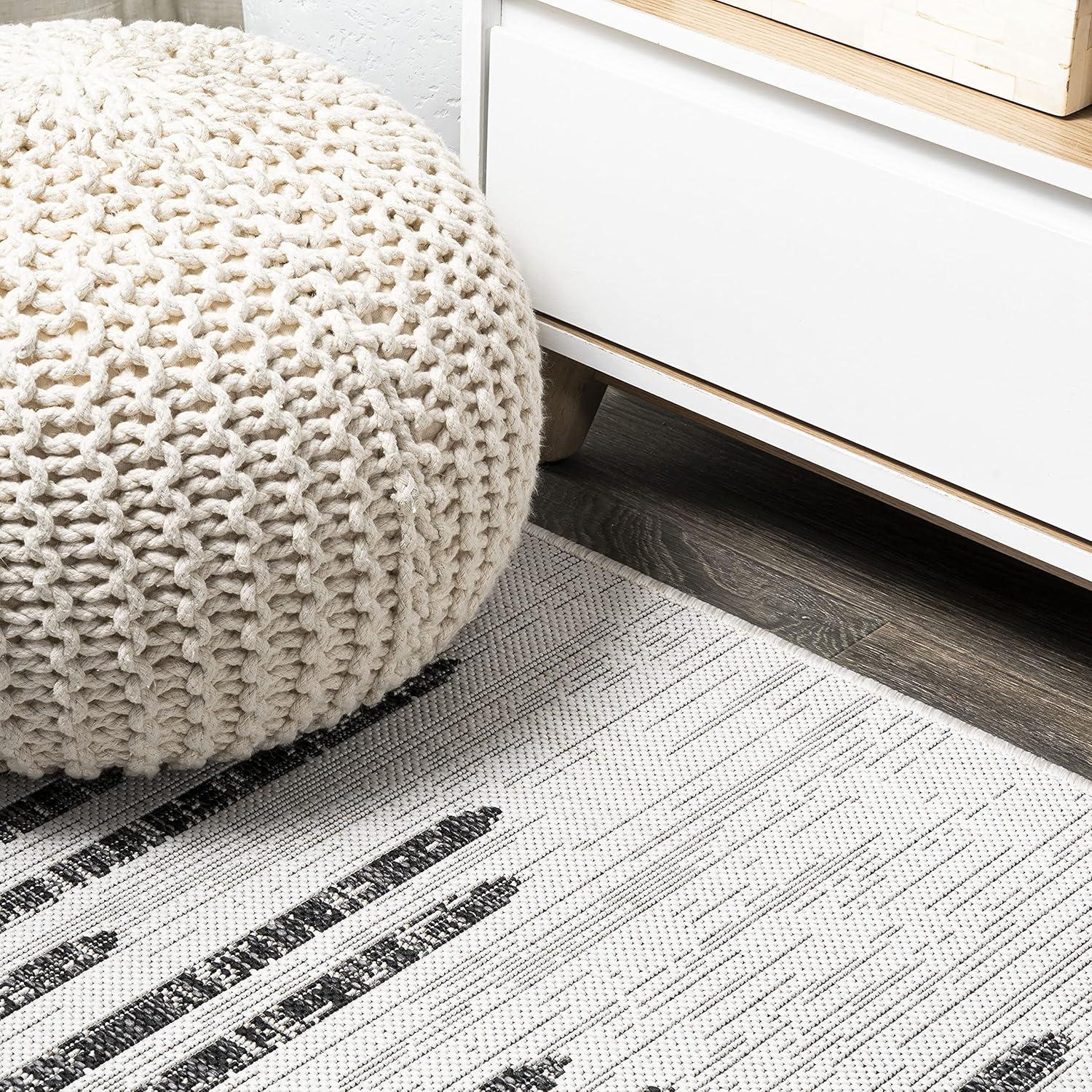 8'x10' Zolak Berber Stripe Geometric Indoor/Outdoor Area Rug, Ivory/Black - JONATHAN Y