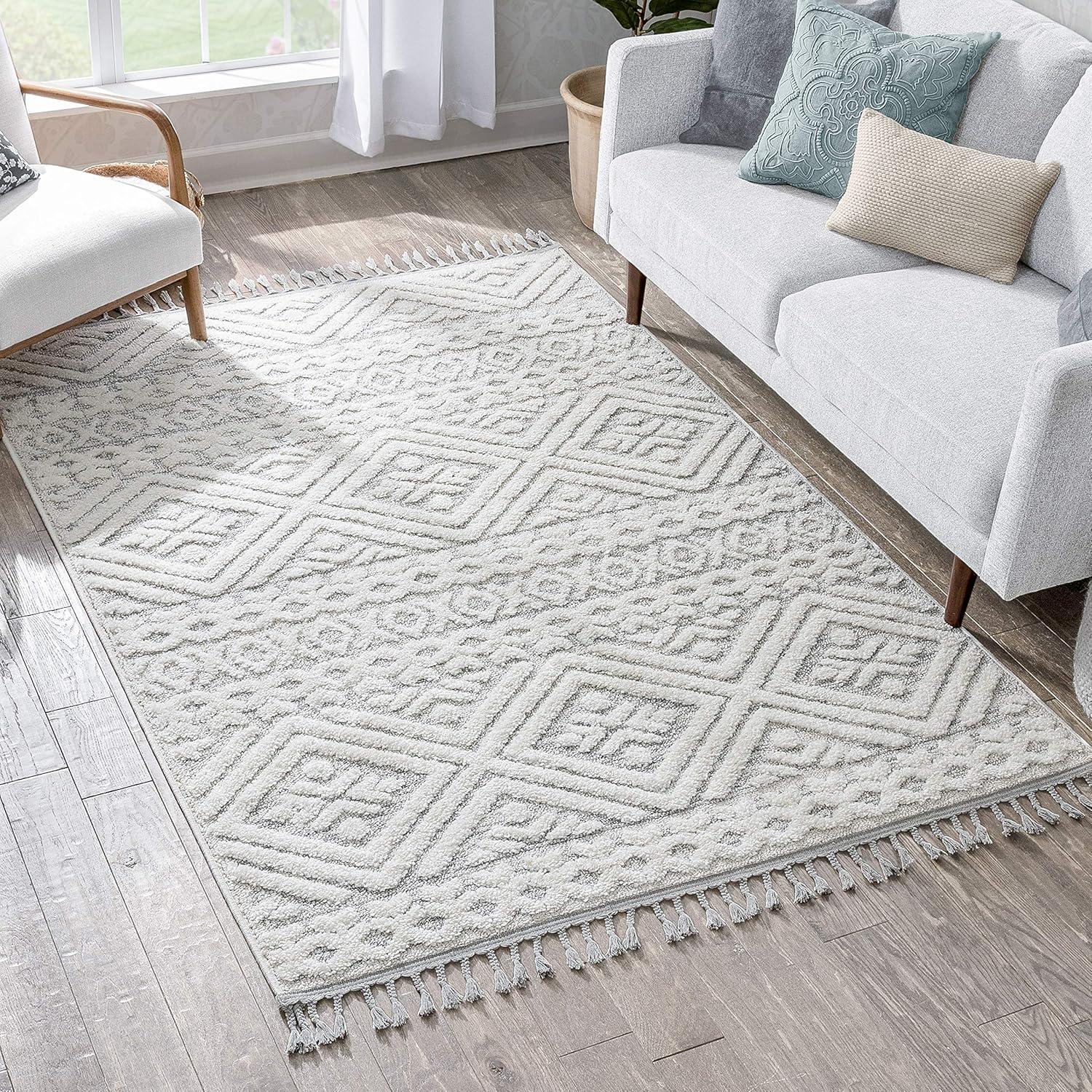 Well Woven Illana Cream Ethnic High-Lo Textured Diamond Area Rug (6'7" x 9'6")