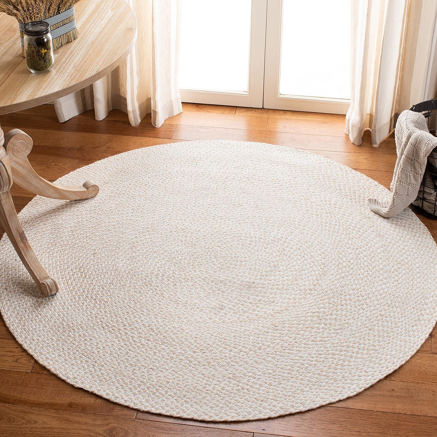 Ivory Round Braided Handmade Reversible Area Rug, 6' x 6'