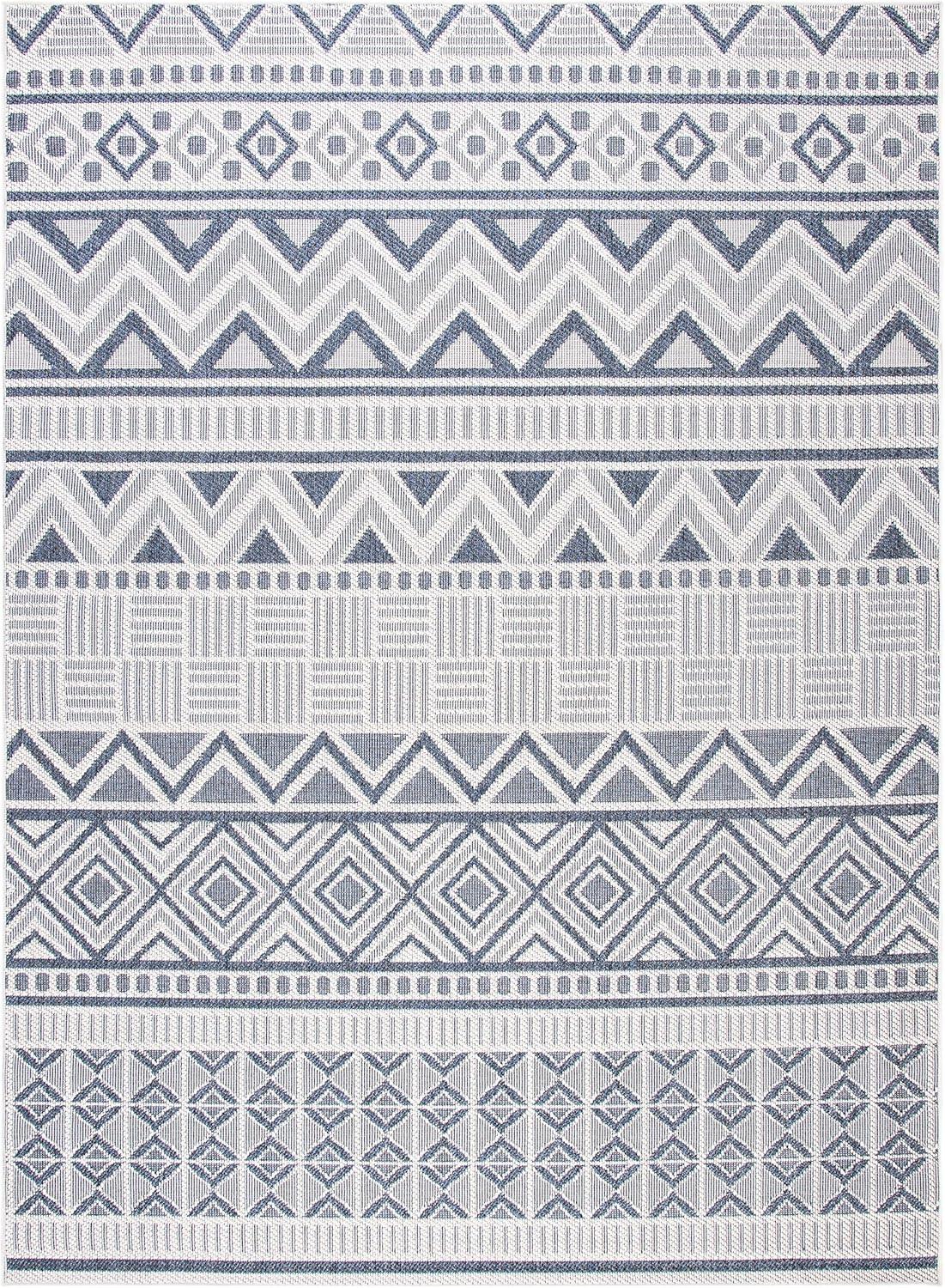 Cream and Navy Geometric Washable Indoor/Outdoor Area Rug