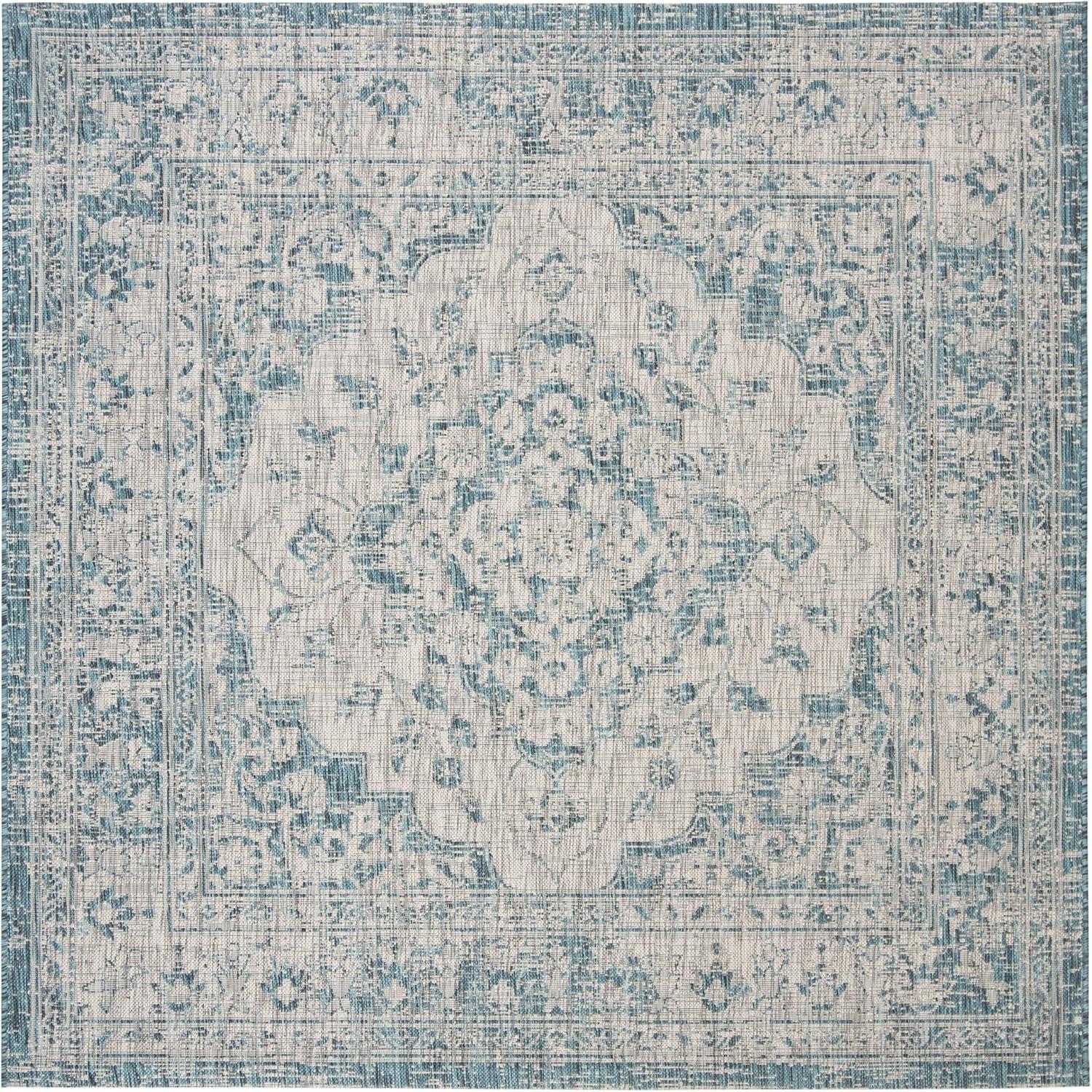 Gray and Blue Square Synthetic Indoor/Outdoor Rug