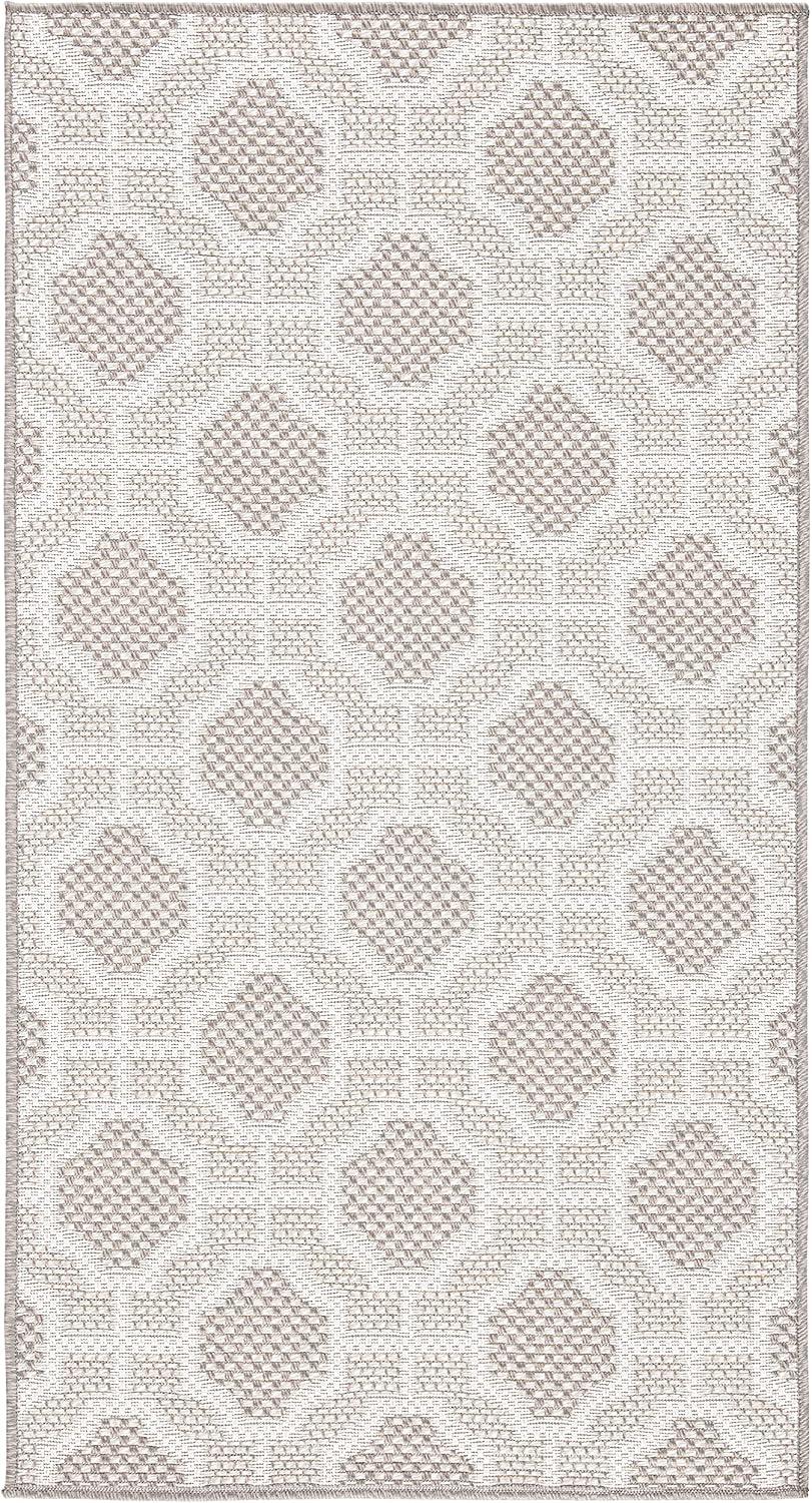 Beige and Taupe Geometric Round Synthetic Rug