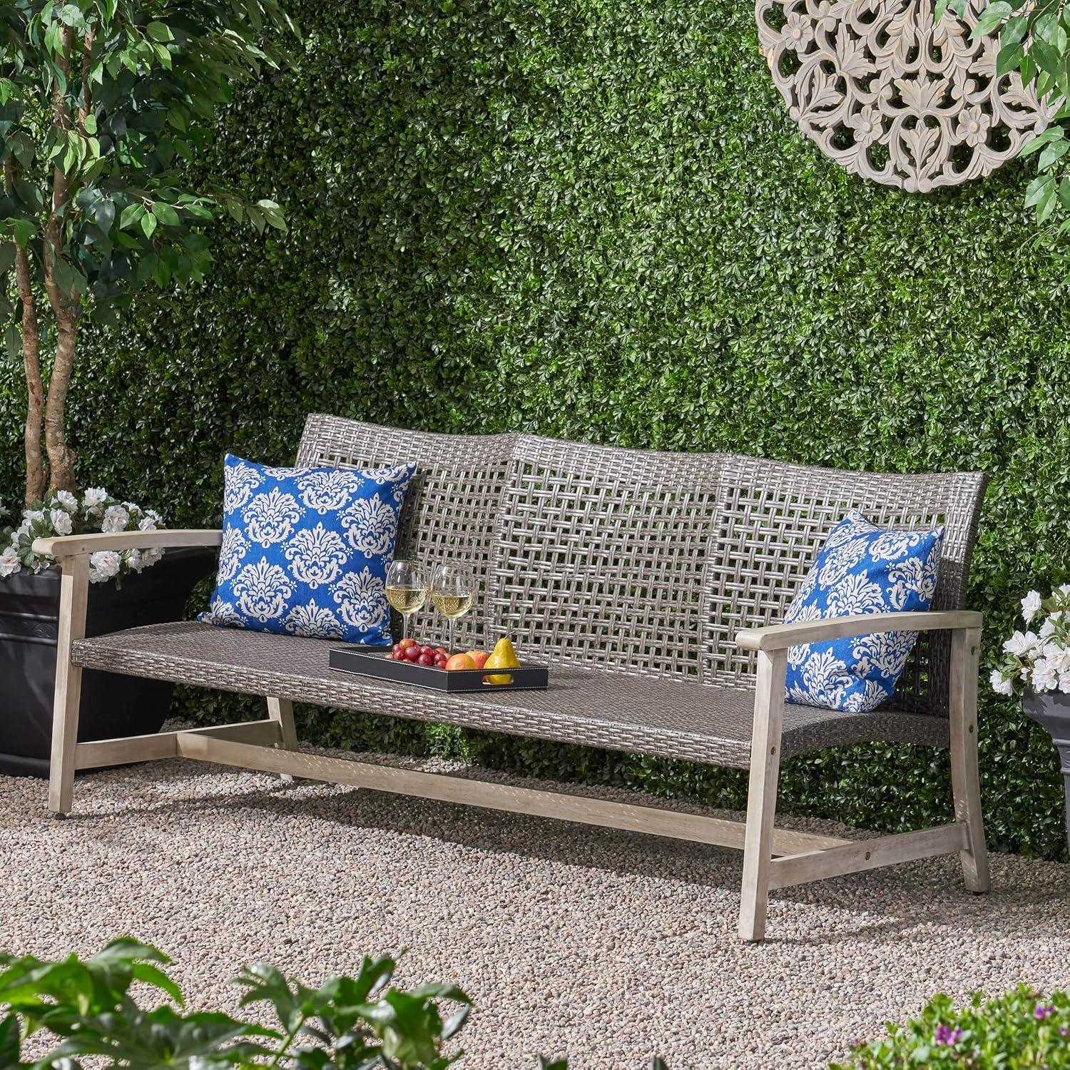 Marcia Light Gray Wood and Black Wicker Three-Seat Outdoor Sofa