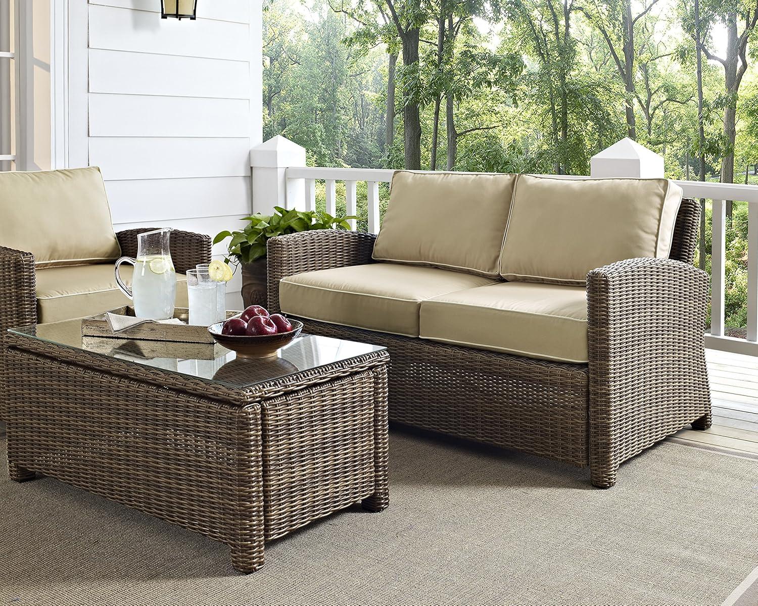 Crosley Bradenton Outdoor Wicker Loveseat with Sand Cushions: Steel Frame, UV-Resistant