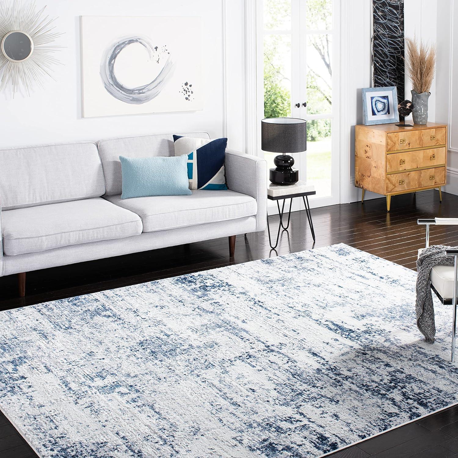 Ivory and Navy Abstract Reversible Square Synthetic Rug