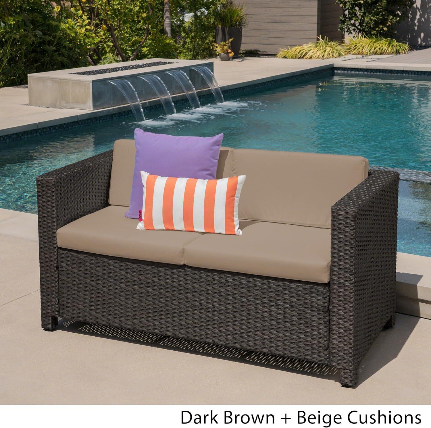 Lorelei Outdoor Wicker Loveseat with Cushions, Dark Brown and Beige