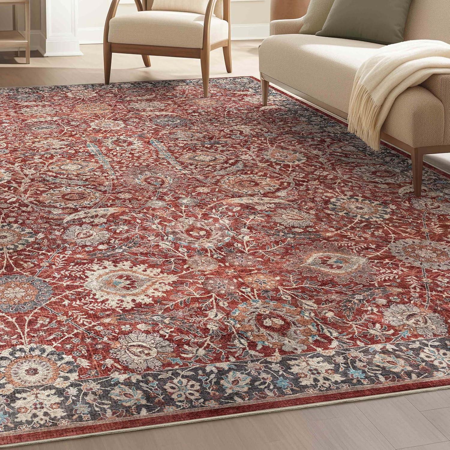 Elegant Red and Navy Floral Chenille Area Rug 3'11" x 5'3"