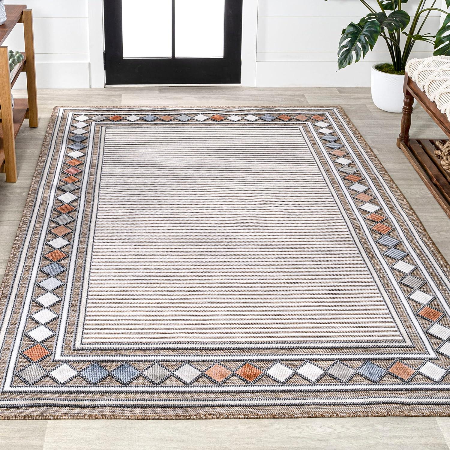 JONATHAN Y Sebastian High-Low Modern Diamond Border Brown/Ivory 3 ft. x 5 ft. Indoor/Outdoor Area Rug