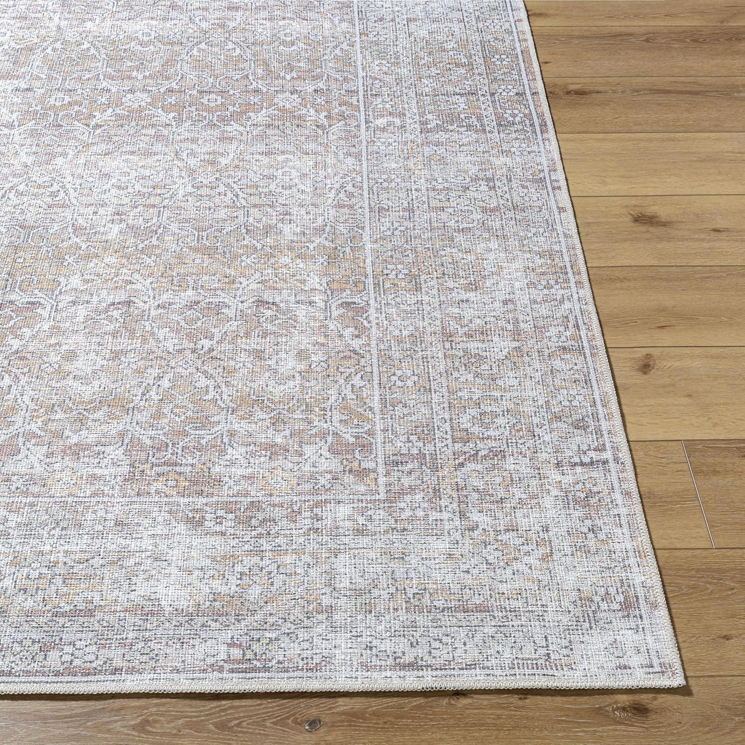 Taupe and Cream Rectangular Washable Synthetic Area Rug